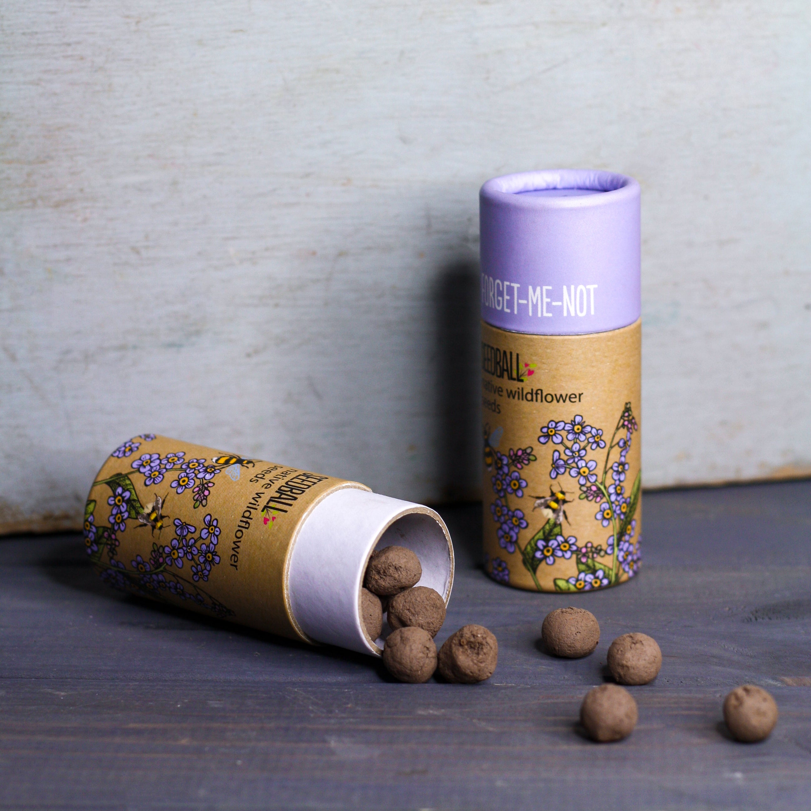 A tube ofForget-Me-Not seed balls, with the cap removed, showing the blue flowers and soil pellets inside. The tube is placed against a neutral background.