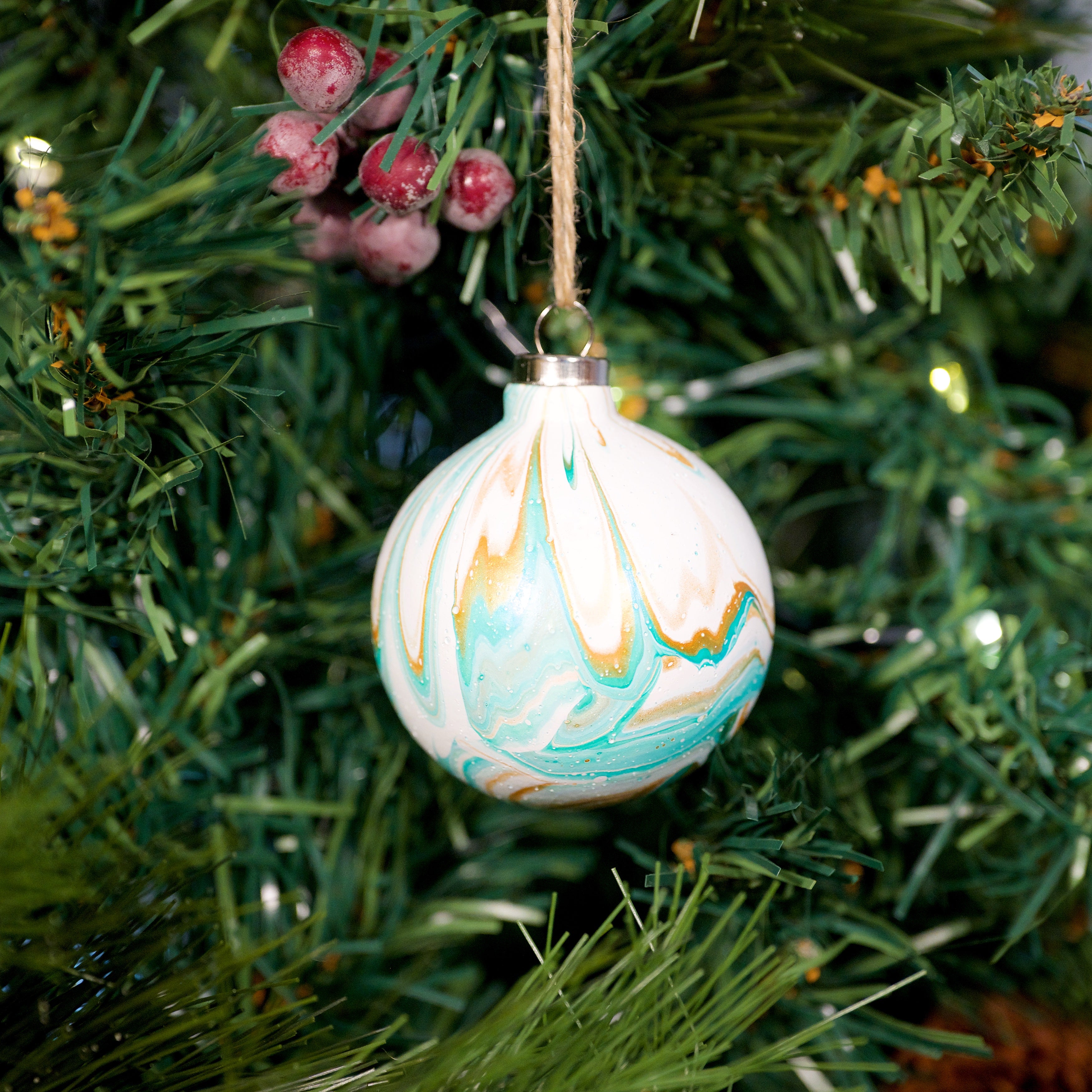 'Happiness' White & Green Hand Painted Ceramic Bauble - Round Shape