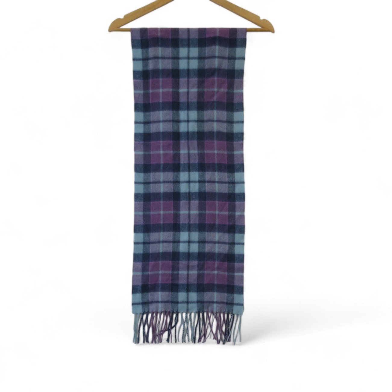 Front image for Lochmere 12"x60" Purple Blue Tartan Scarf Cashmere Menswear | Preloved 