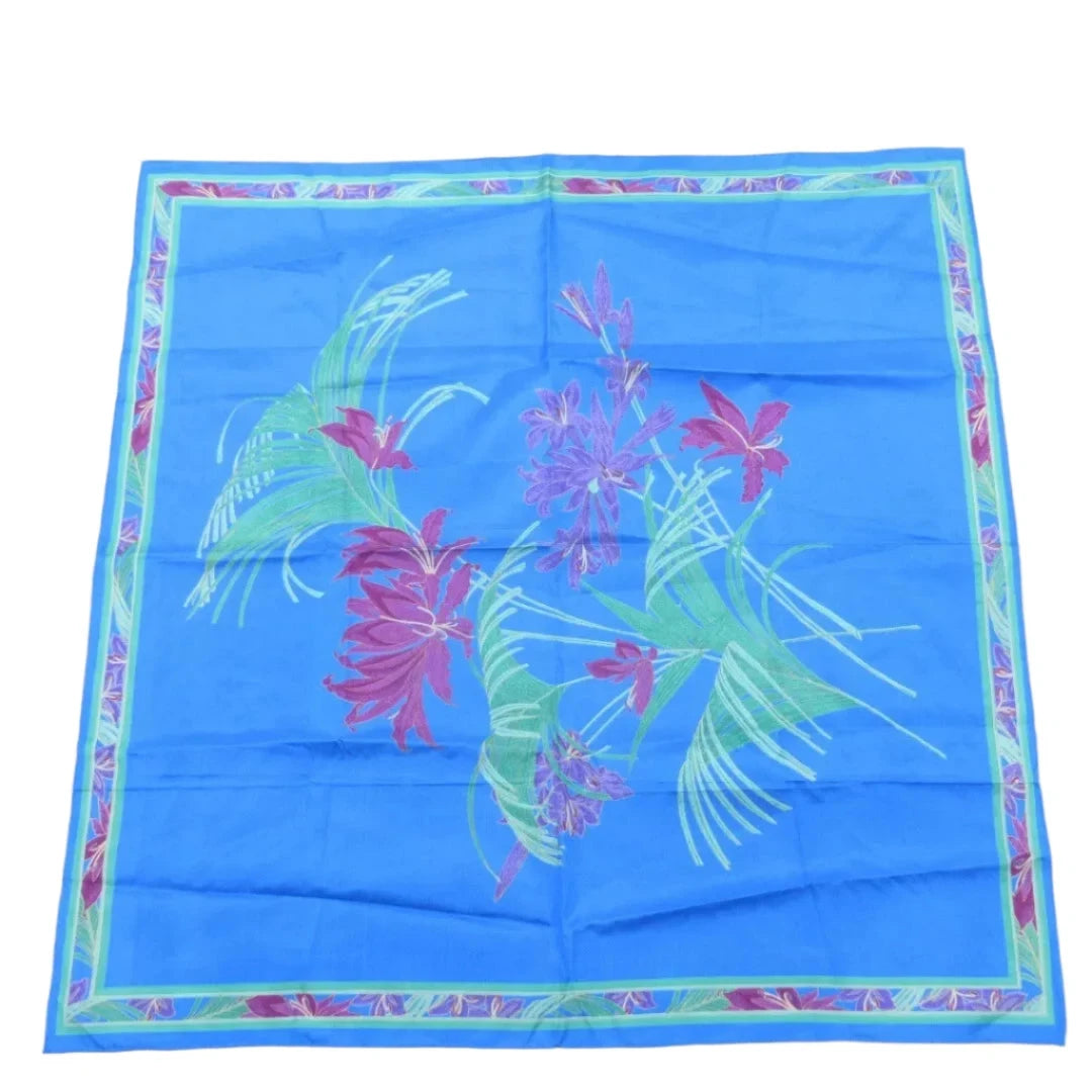 Front image for Thai 35"x35" Blue Floral Leaf Silk Square Scarf Womenswear | Preloved 