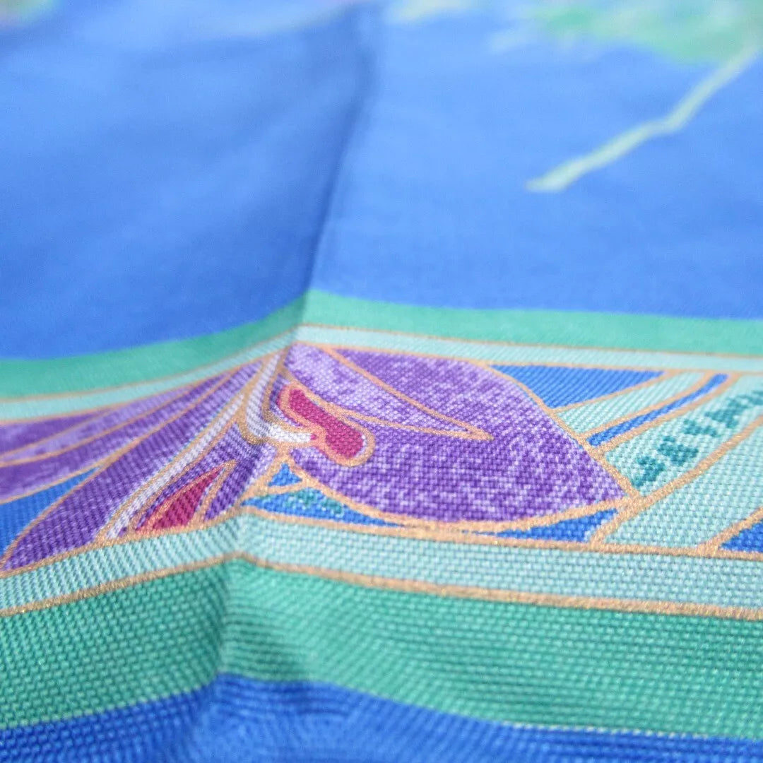 Close up image for Thai 35"x35" Blue Floral Leaf Silk Square Scarf Womenswear | Preloved 