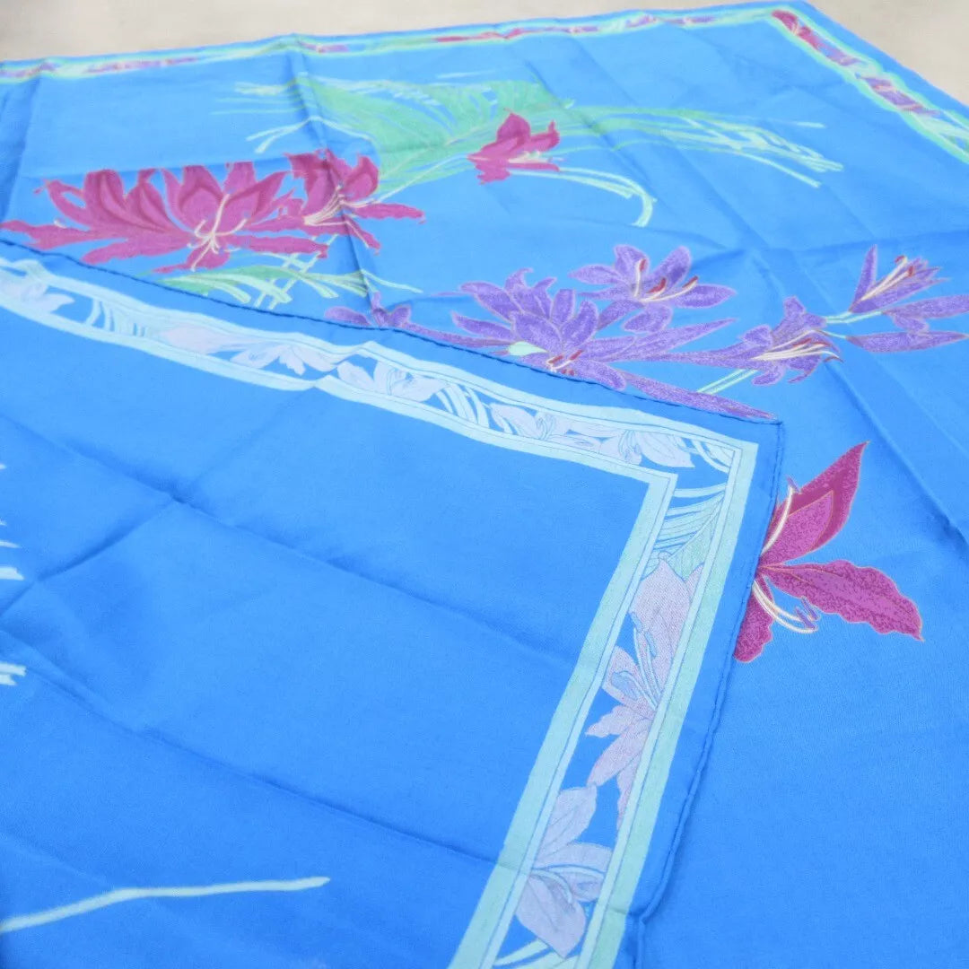 Back image for Thai 35"x35" Blue Floral Leaf Silk Square Scarf Womenswear | Preloved 