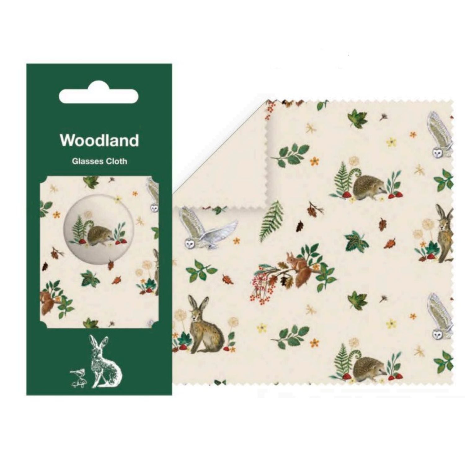 Woodland-themed glasses cleaning cloth with packaging on a white background