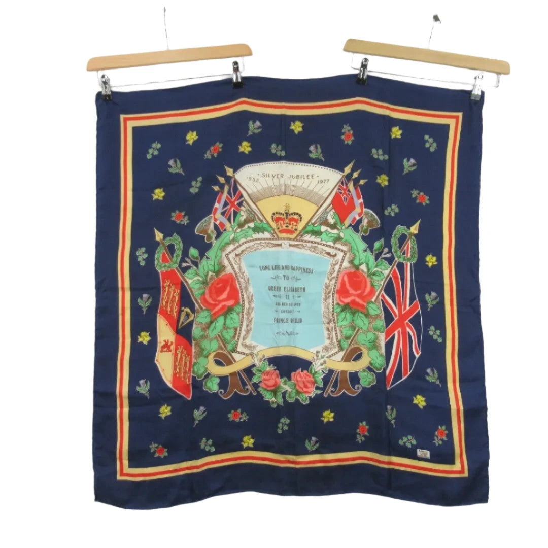 Front image for Liberty Vintage 33"x35" Royal Silver Jubilee Silk Scarf Womenswear | Preloved 