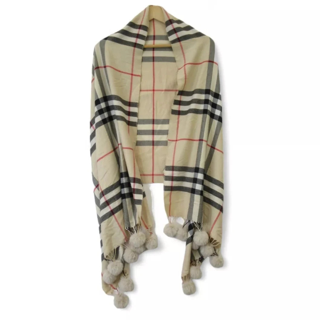 Front image for Unbranded 25"x65" Beige Check Pom Pom Shawl Scarf Womenswear | Preloved 