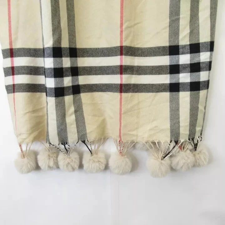 Bottom image for Unbranded 25"x65" Beige Check Pom Pom Shawl Scarf Womenswear | Preloved 