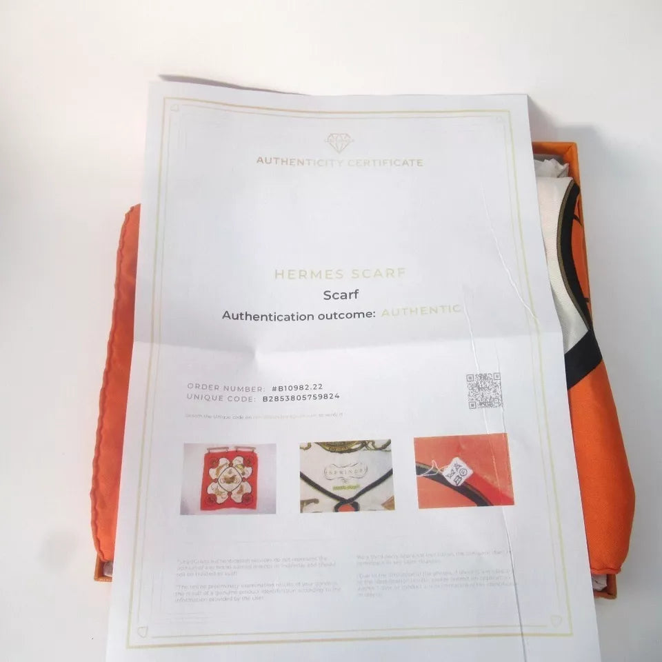 Authenticity certificate image for Hermes 34"x34" Orange Silk Scarf Authenticated Womenswear | Preloved