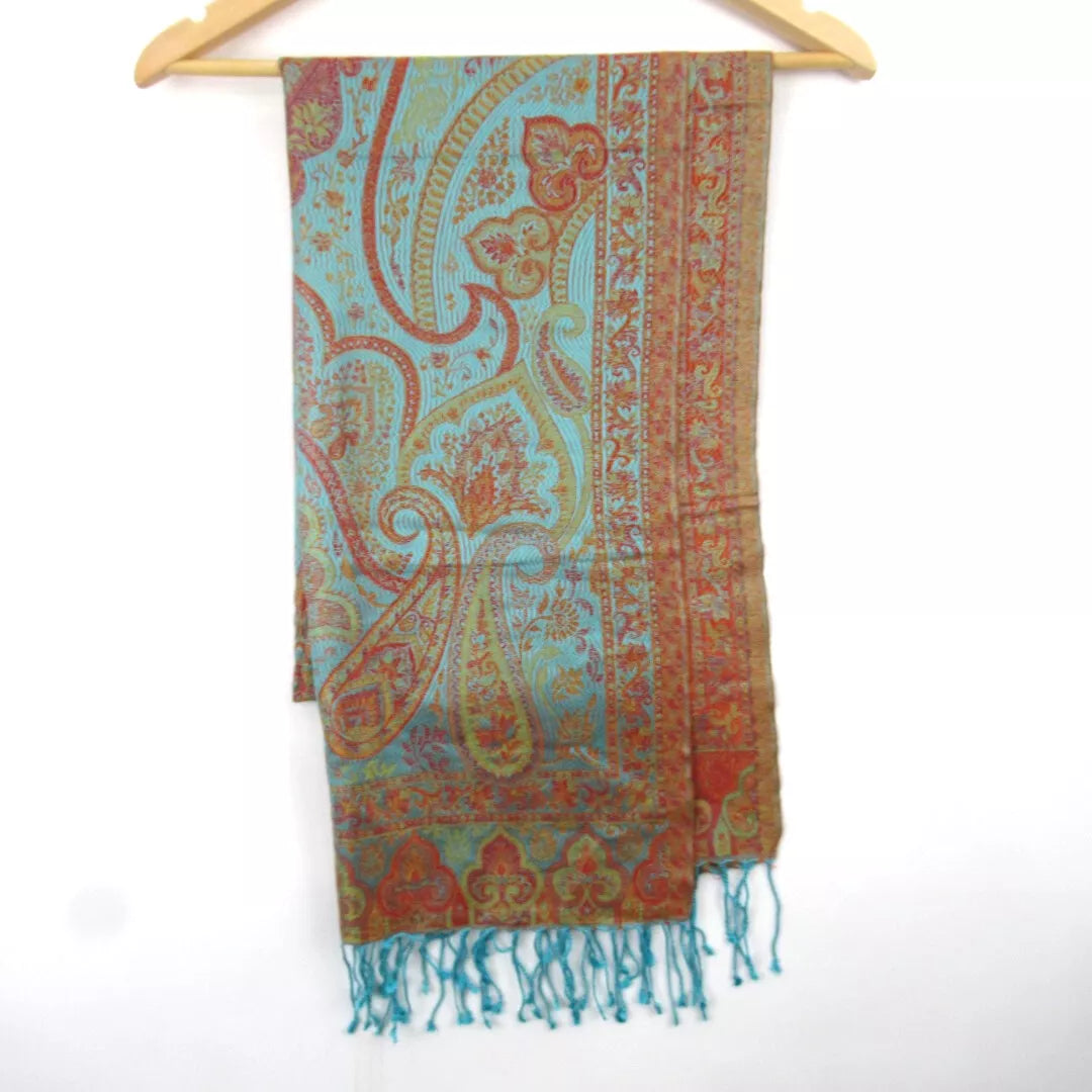 Front image for Vivid London 21"x74" Orange Blue Silk Scarf Paisley Womenswear | Preloved