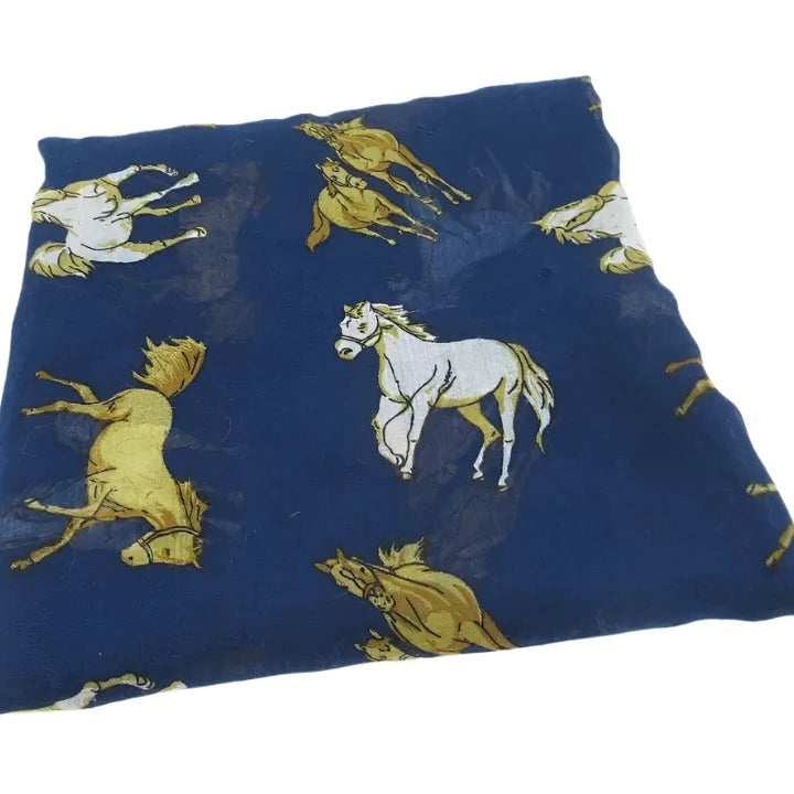 Front image for Unbranded 36"x72" Blue Horse Print Scarf Shawl Womenswear | Preloved