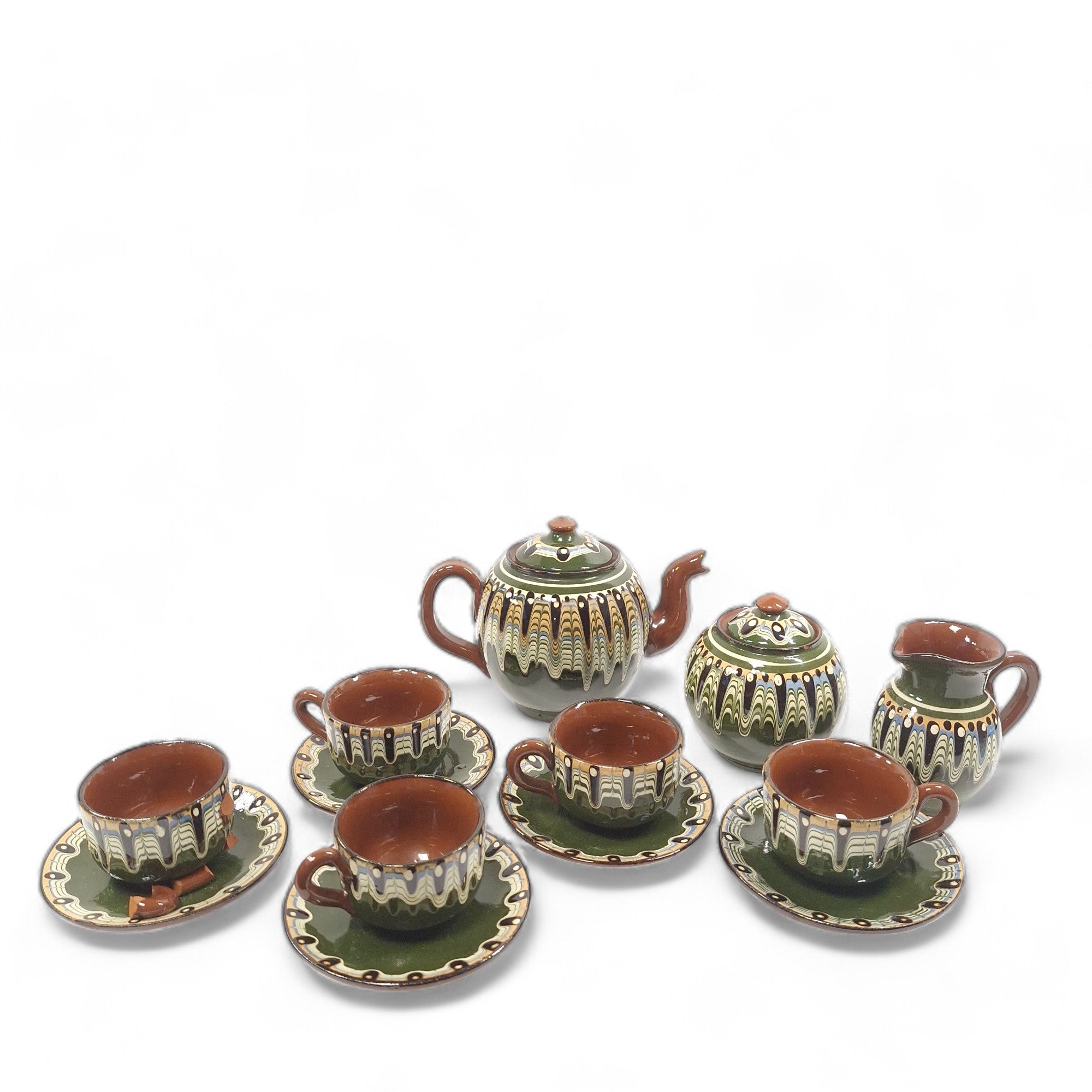 Bulgarian Peacock Eye Tea Set 13pc Drip Glaze | Preloved