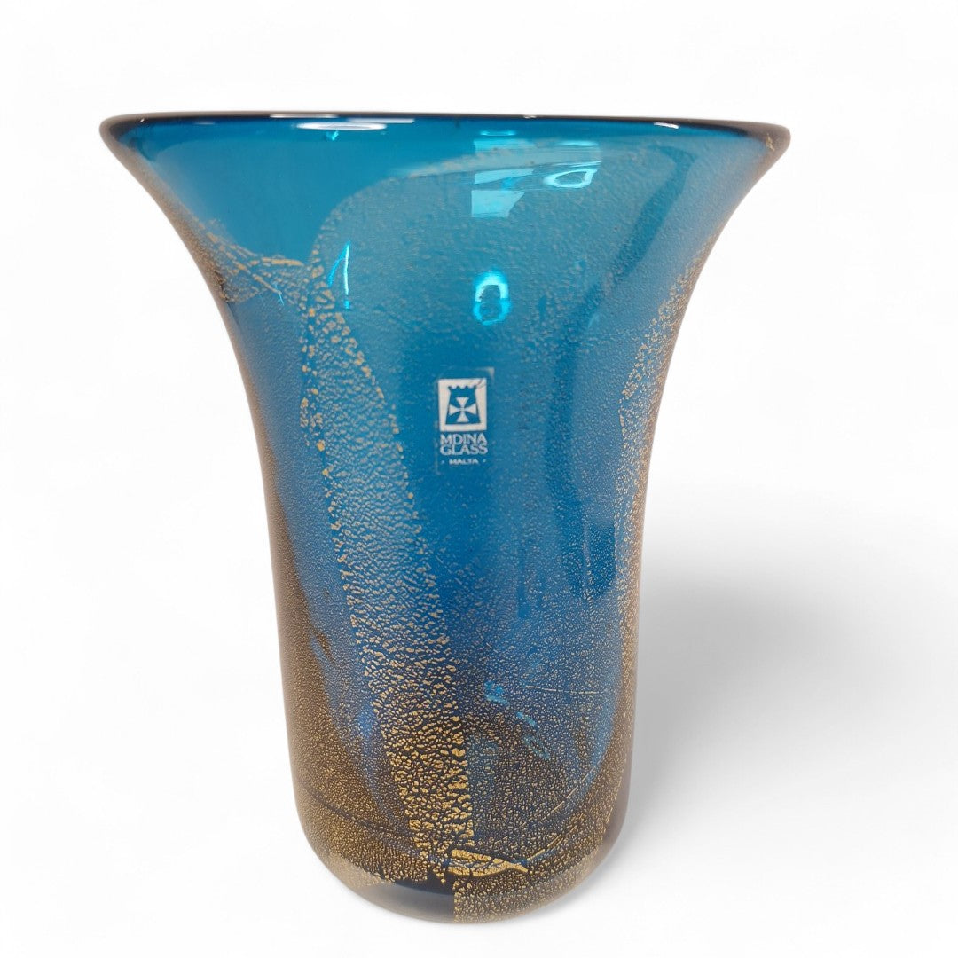 Front image of Mdina blue glass vase 