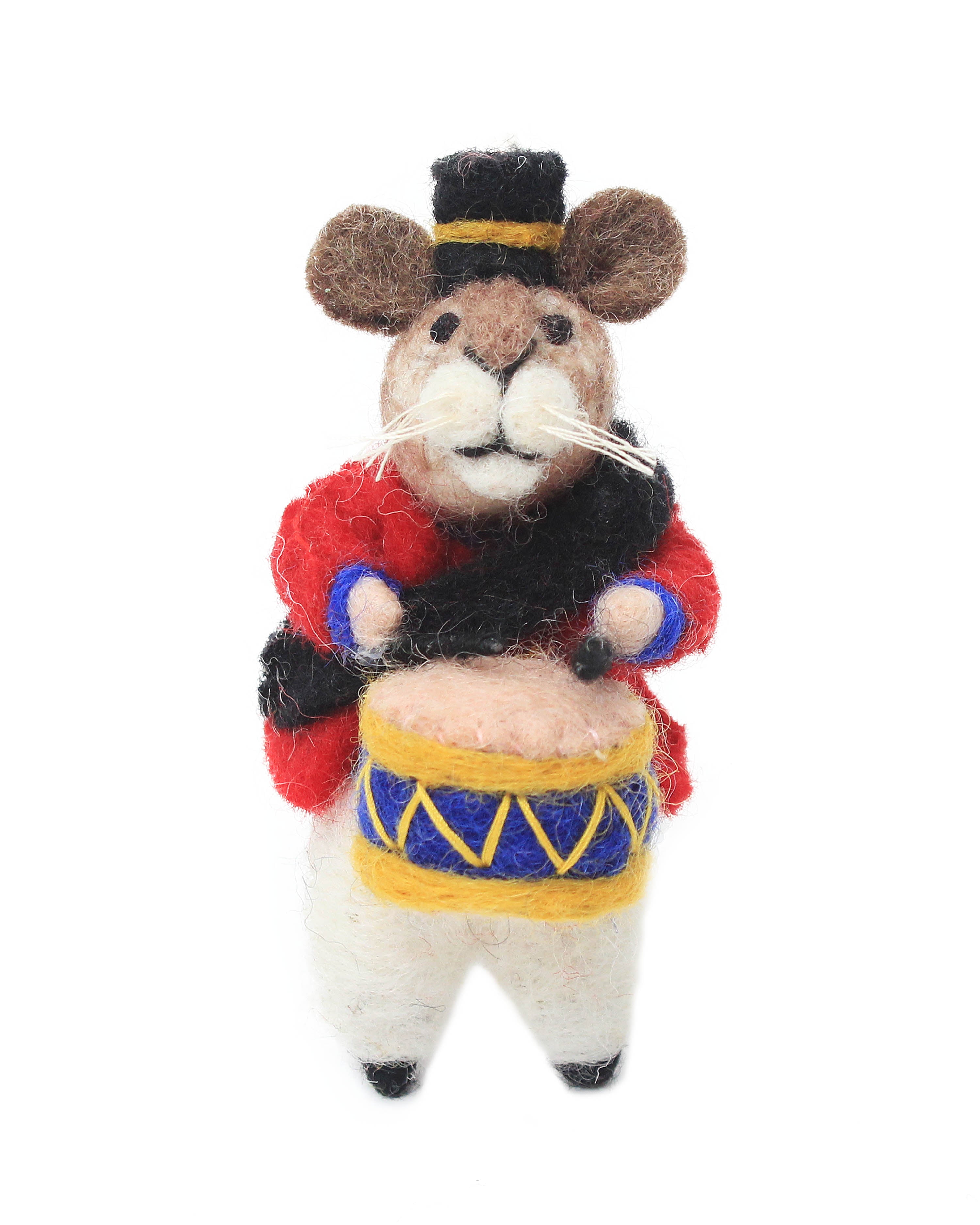 Front image of Drummer mouse drumming handmade felt Christmas decoration on white background