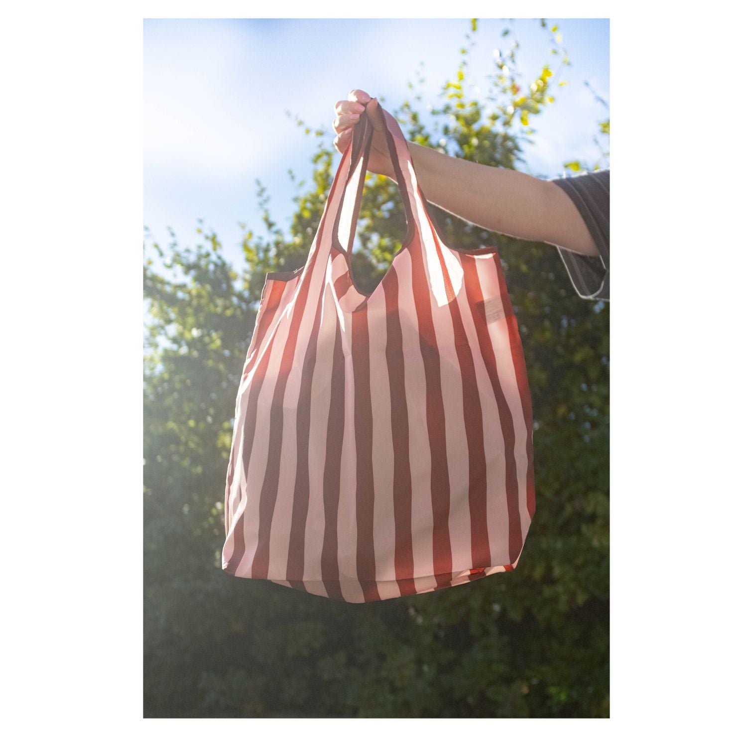 Pink/Burgundy striped packable bag
