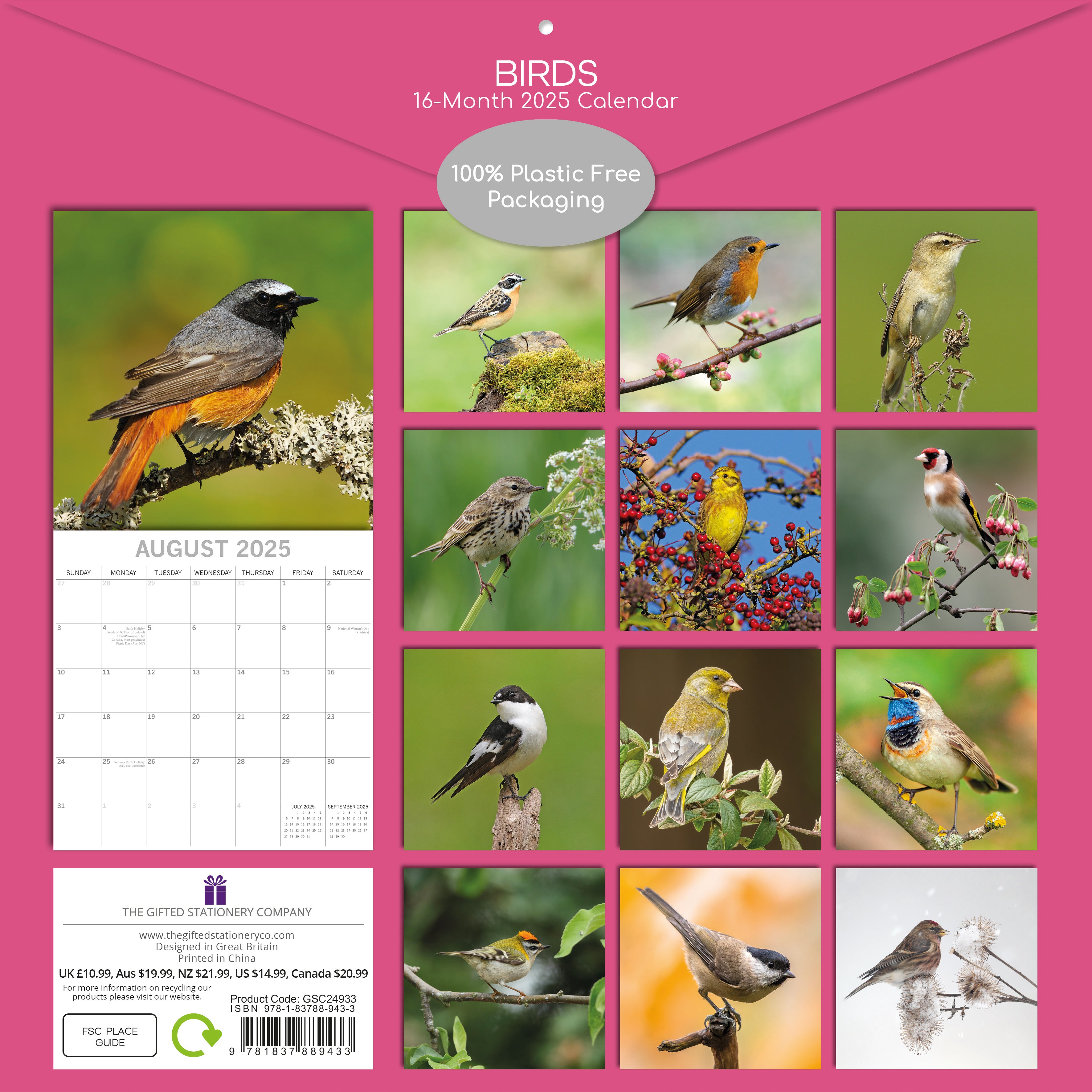 Back image of Birds 2025 square wall calendar showing all images