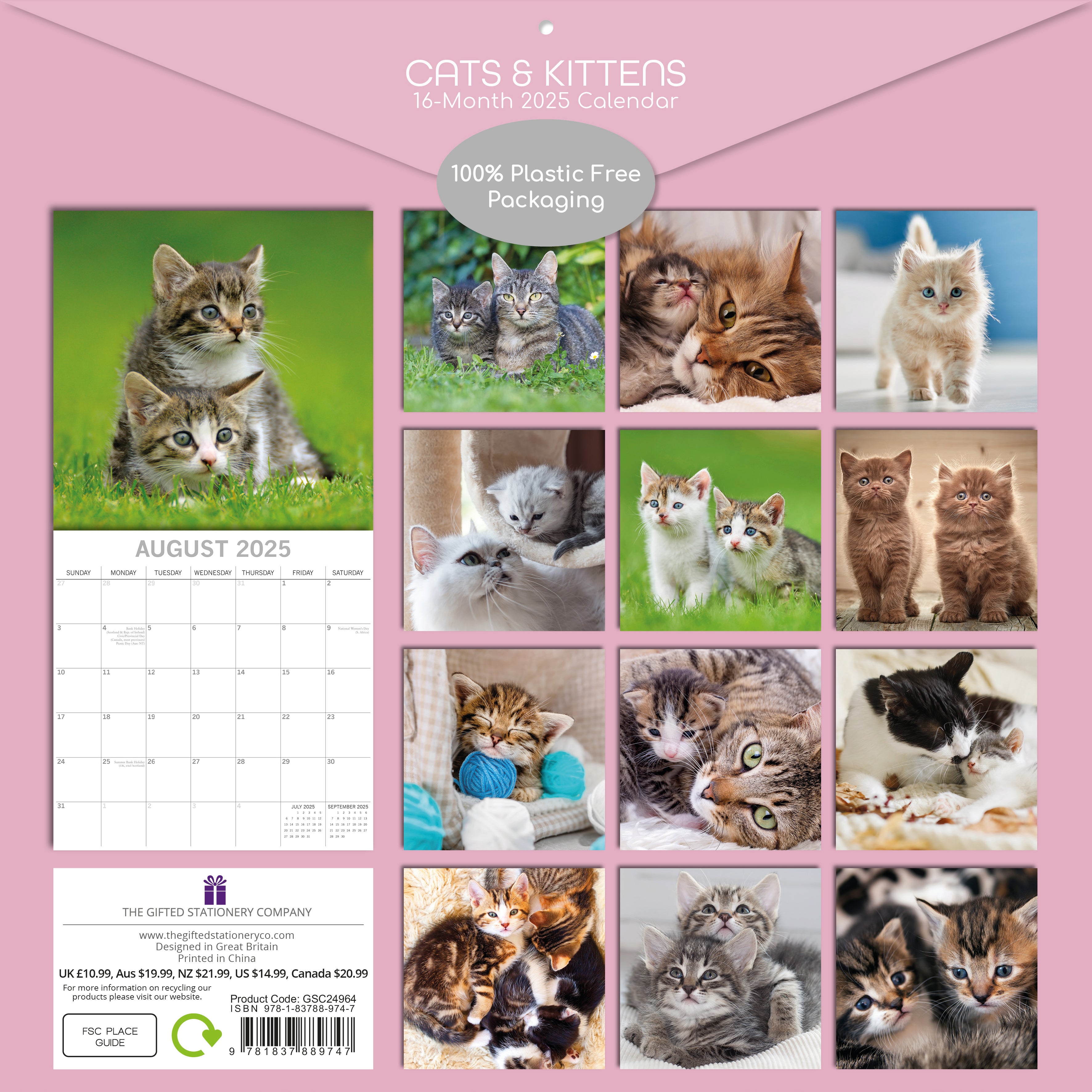 Rear image of cats and kittens 2025 square wall calendar showing all 12 photographic images of cats and kittens