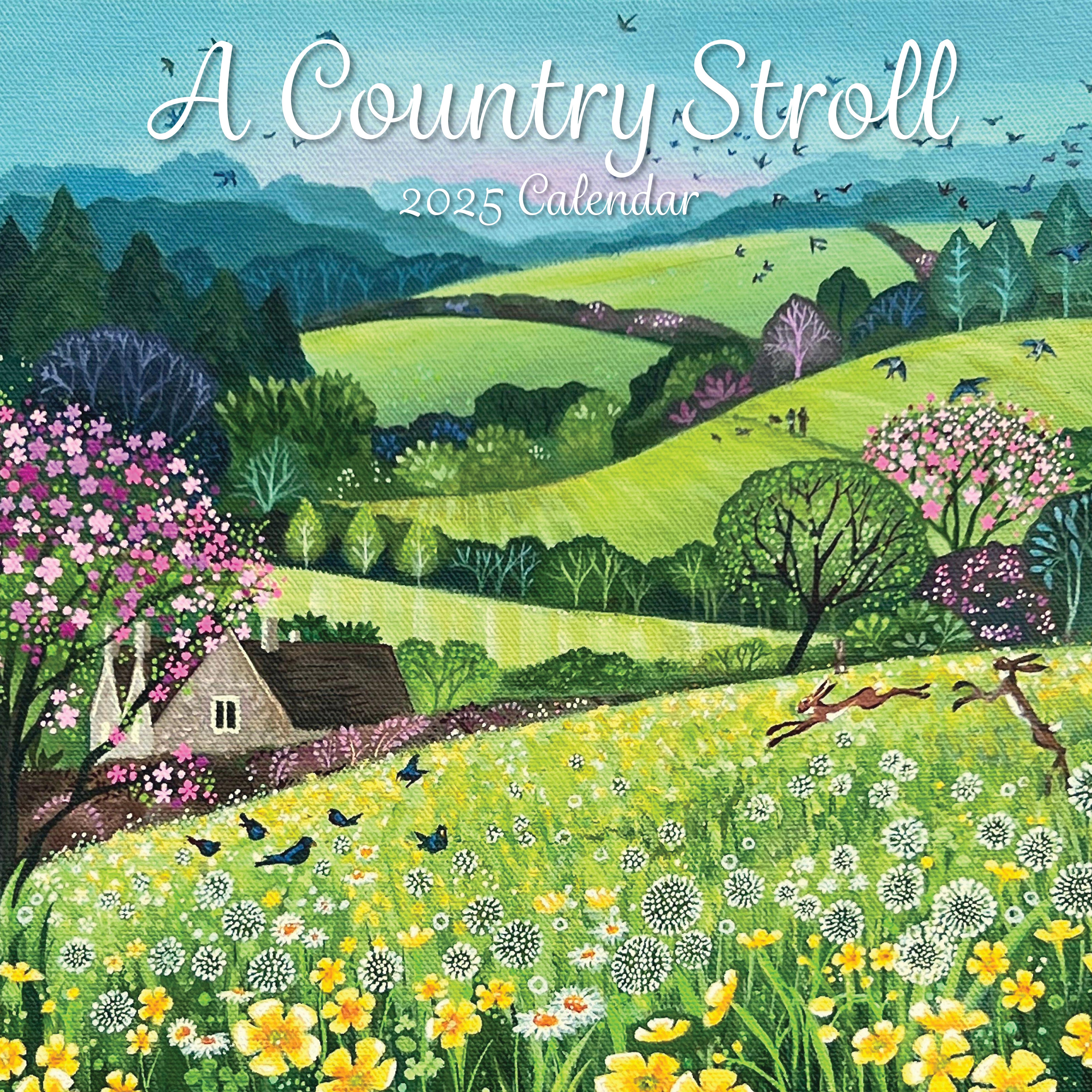 Front image of A country stroll 2025 square wall calendar showing an image of an illustrated country scene