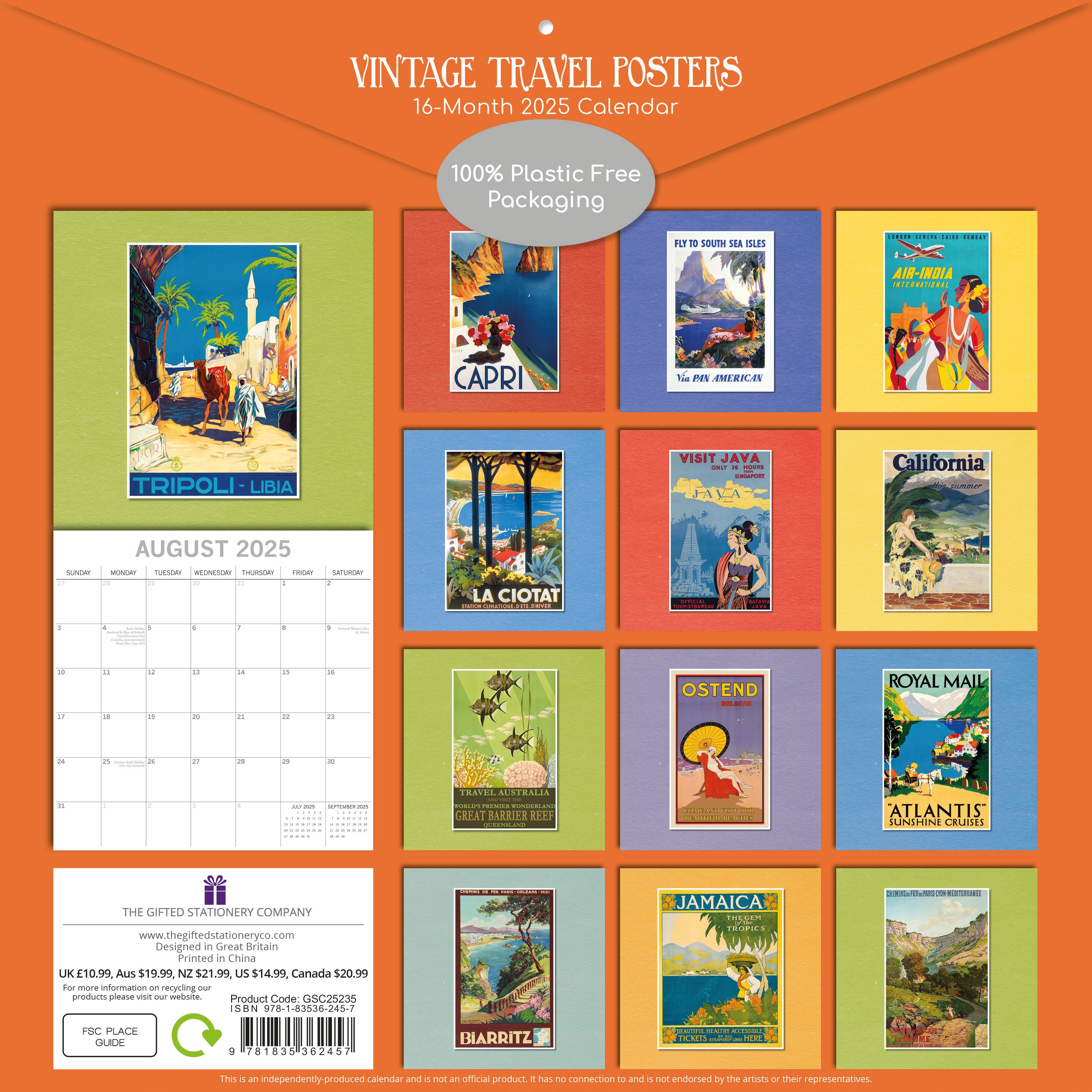 Rear image of vintage travel posters 2025 square wall calendar showing all 12 images