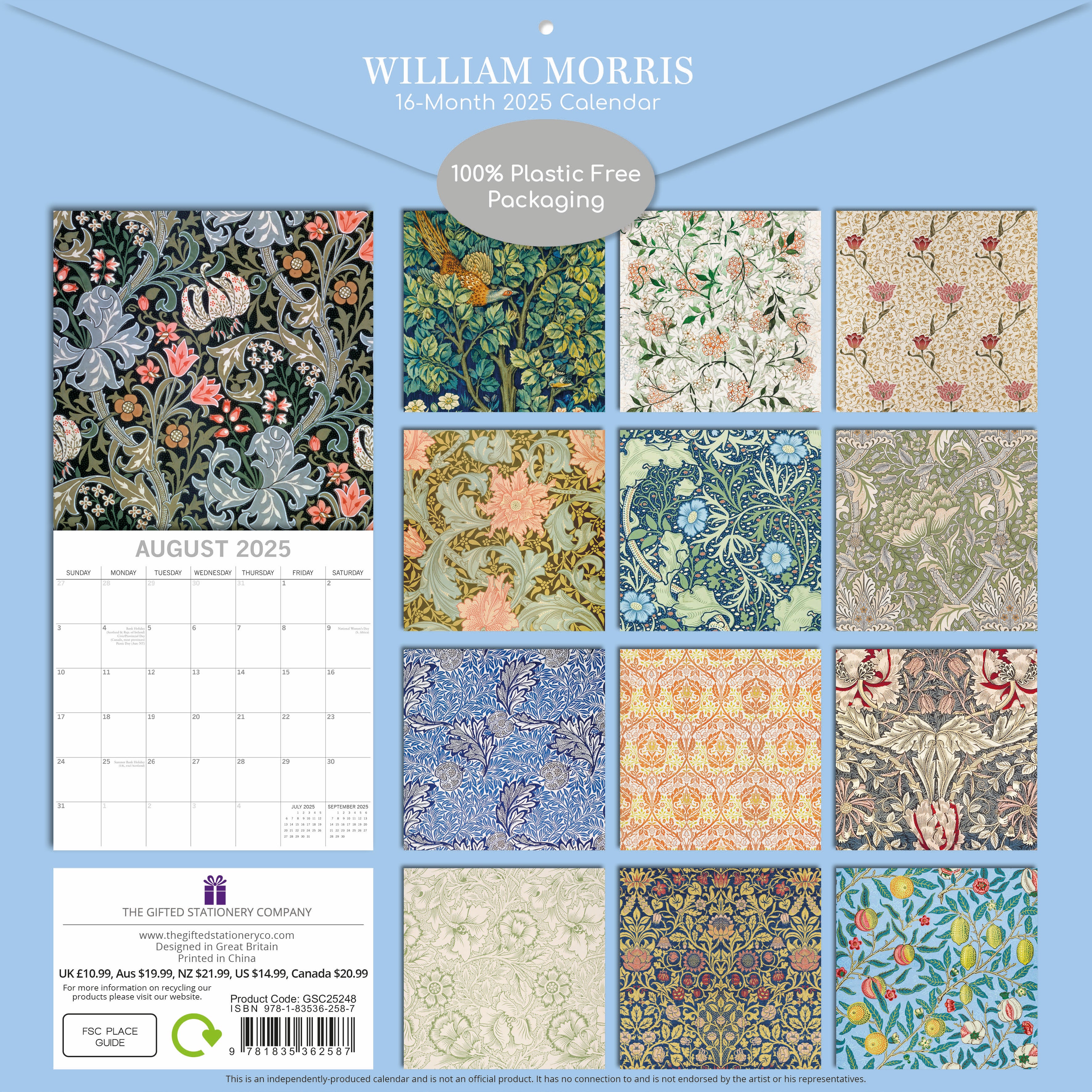 Back image of William Morris 2025 square wall calendar showing 12 William Morris prints