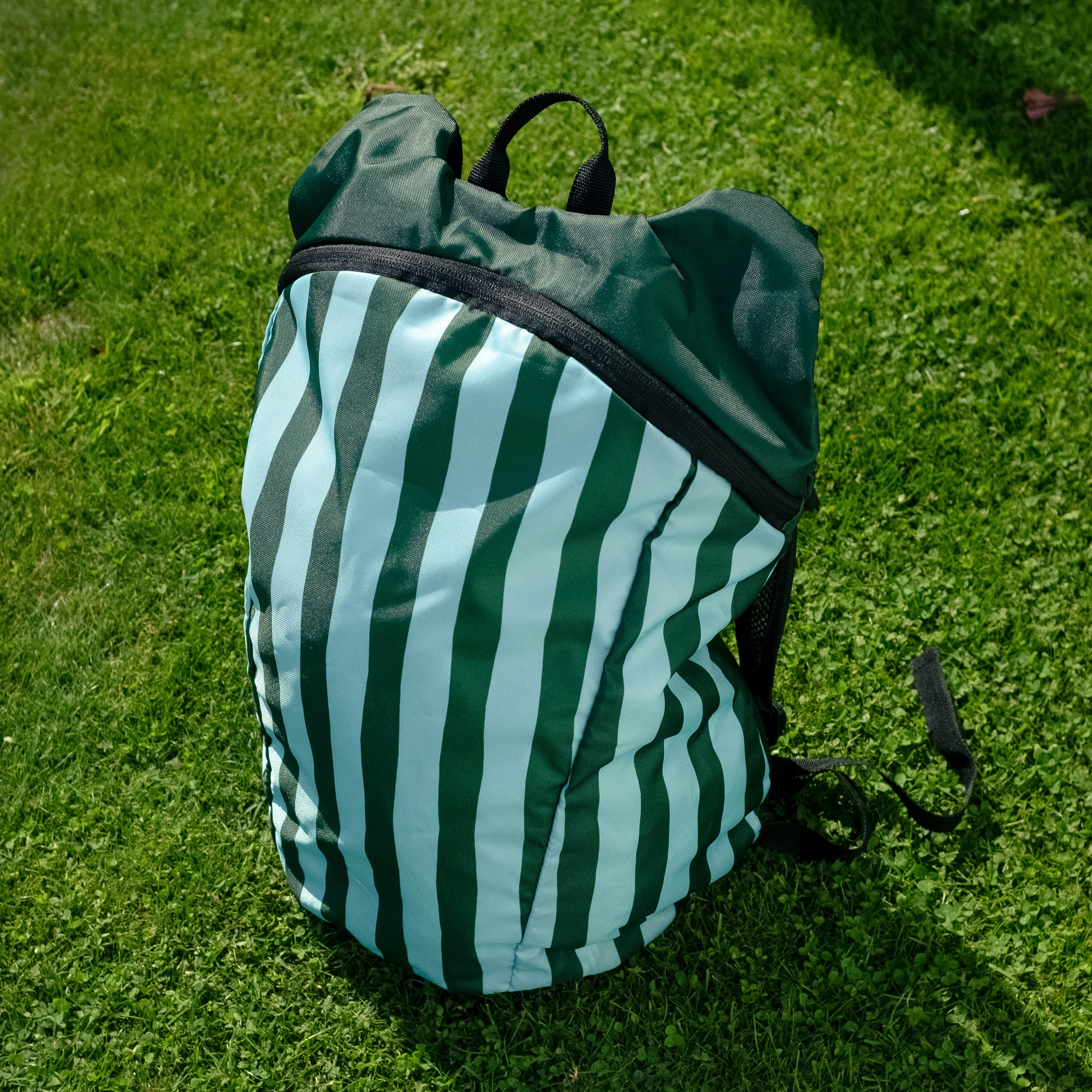 Blue/Green striped packable backpack
