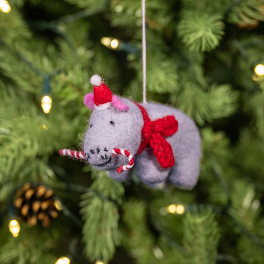 Christmas Hippo with candy cane | Handmade Felt Christmas Decoration