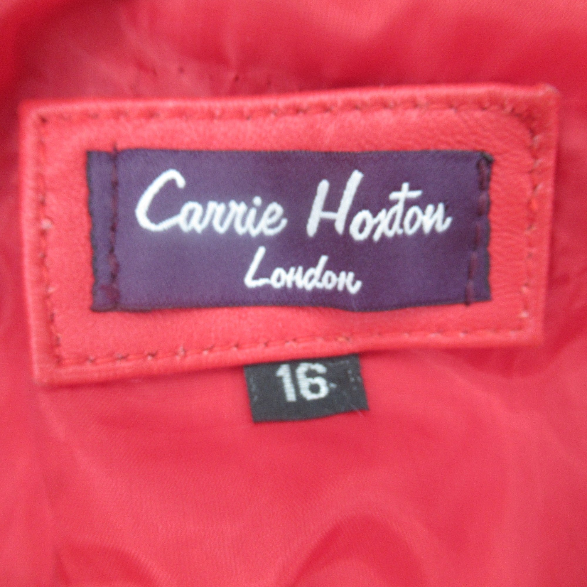 Brand label image for Carrie Hoxton UK 16 Red Leather Jacket Vintage Womenswear | Preloved 