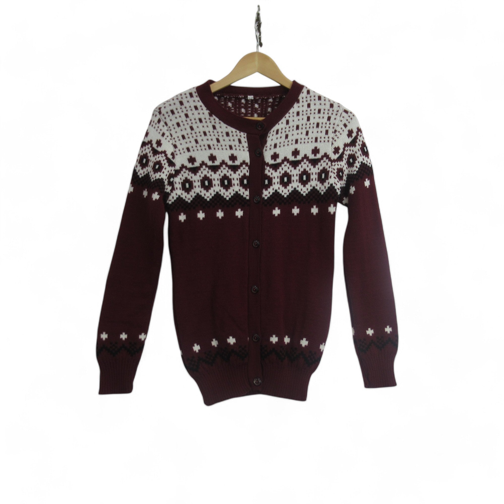 front image for Fair Isle Vintage 8/10 Burgundy Knit Cardigan Womenswear | Preloved 