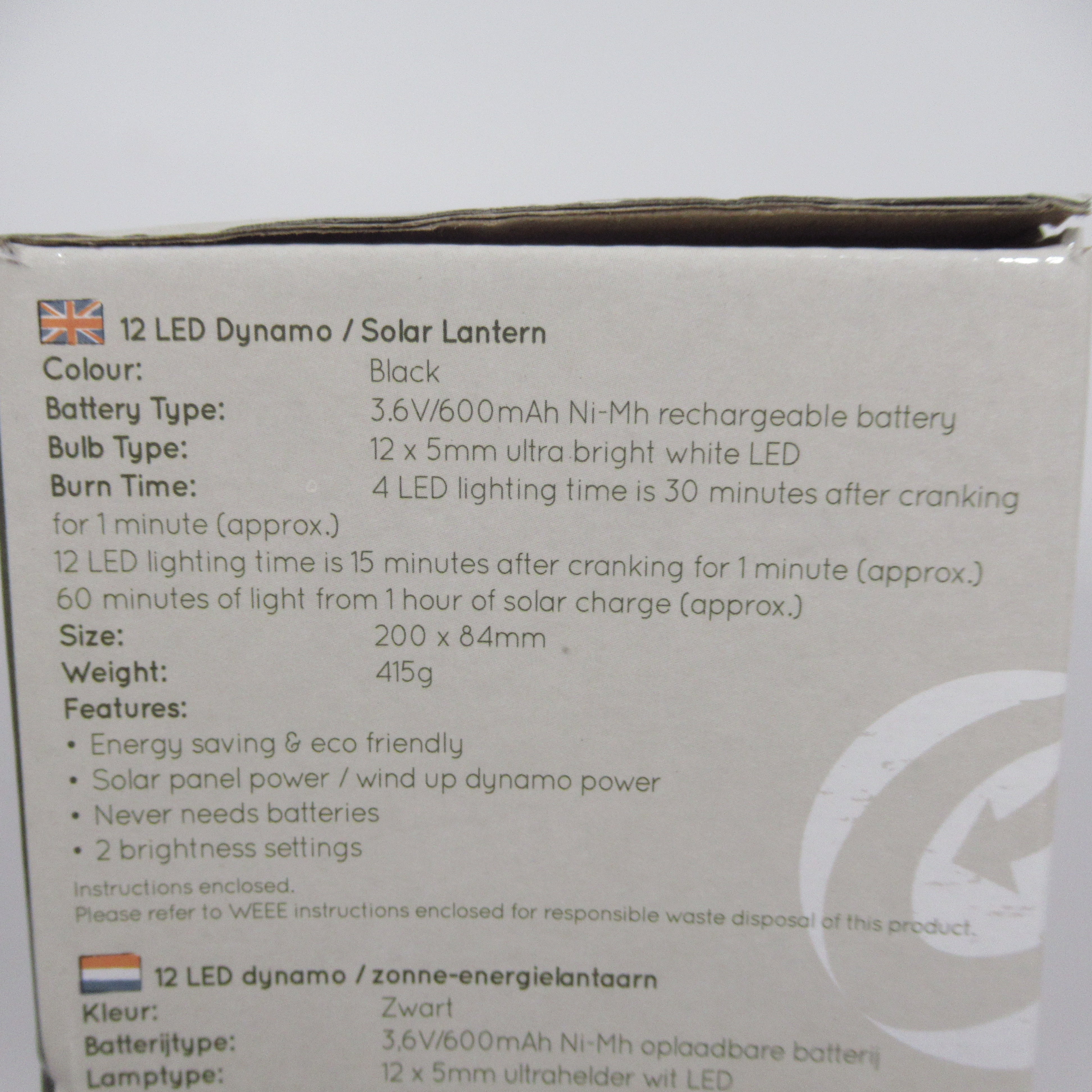 Close up box image of Gelert 12 LED Dynamo/Solar Lantern TOR354 Crank Handle