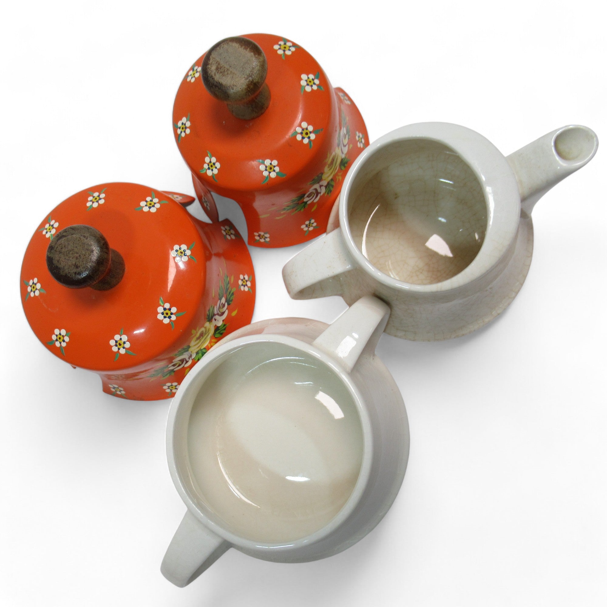 Overview from above image of Miniature Tea Pot & Sugar Bowl Set w/ Metal Lids