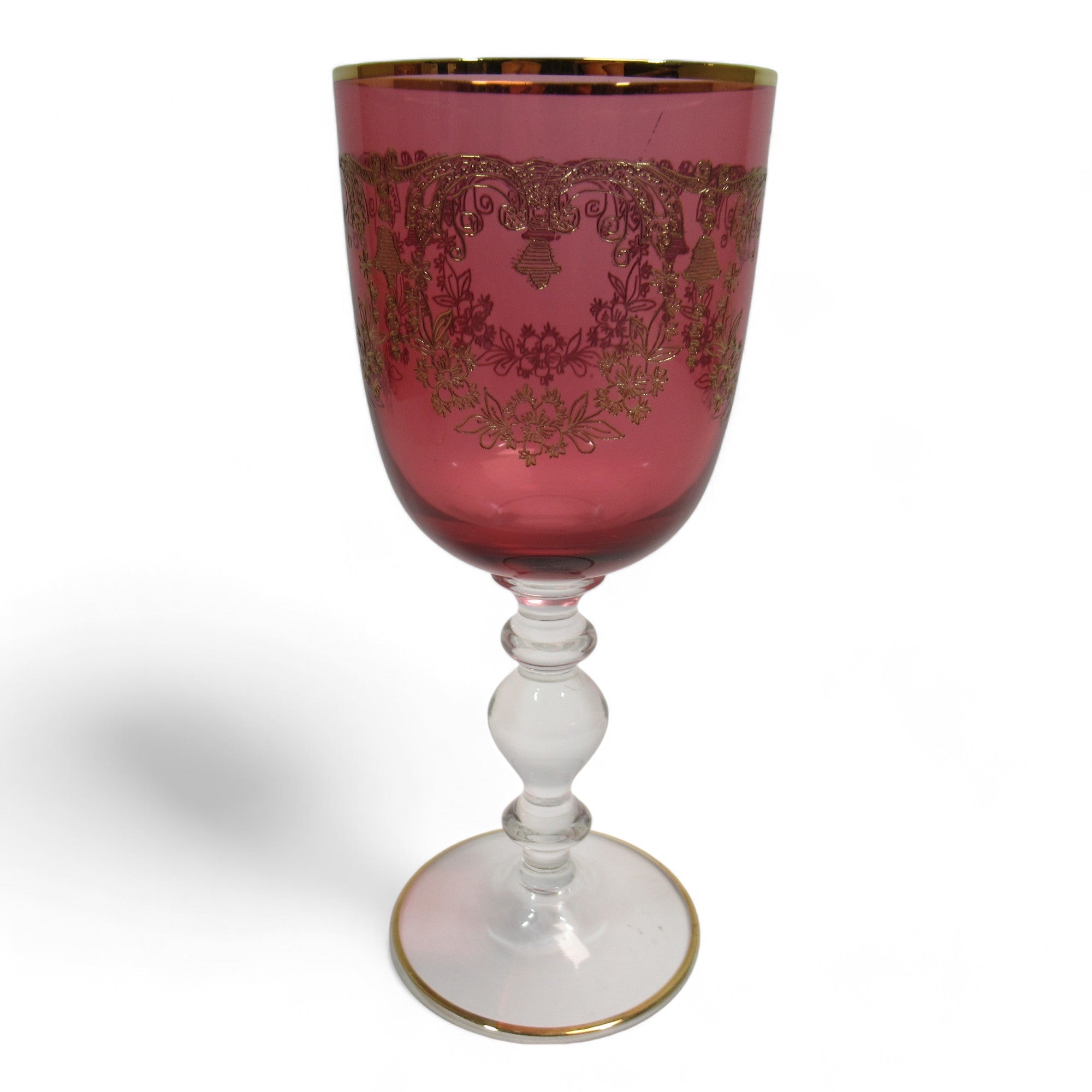 Front image of Set of 2 John Jenkins Ruby Etched Gold Gilt Glasses