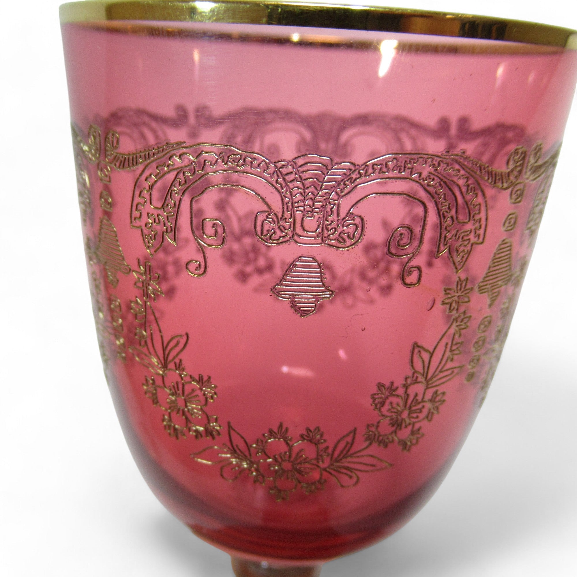 Close up image of Set of 2 John Jenkins Ruby Etched Gold Gilt Glasses