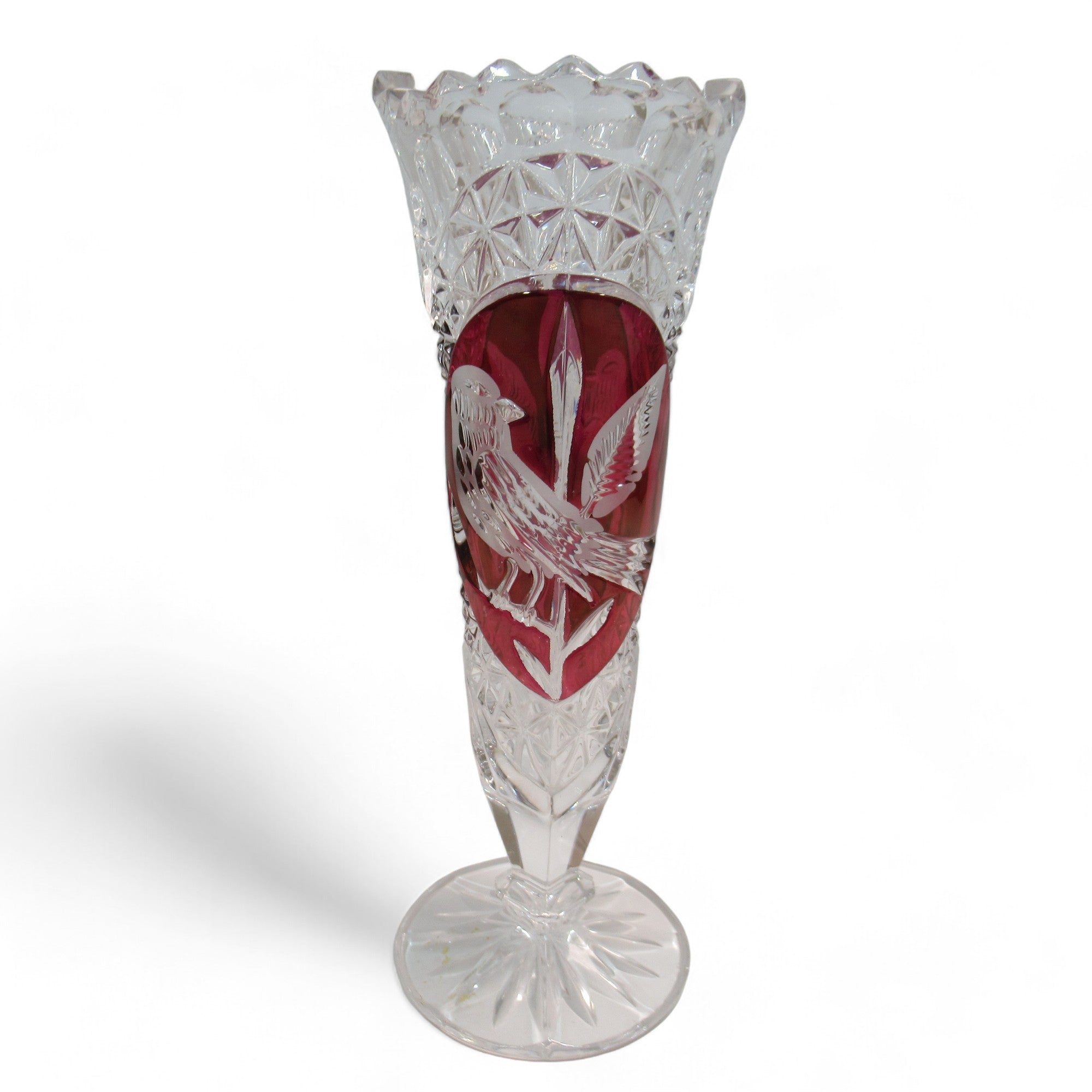 Front image of Hofbauer Crystal Ruby Cut Glass Vase Bird Design