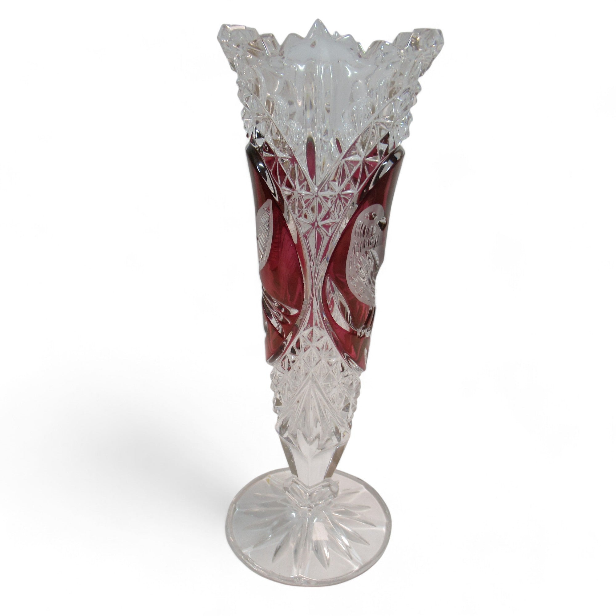 Side image of Hofbauer Crystal Ruby Cut Glass Vase Bird Design