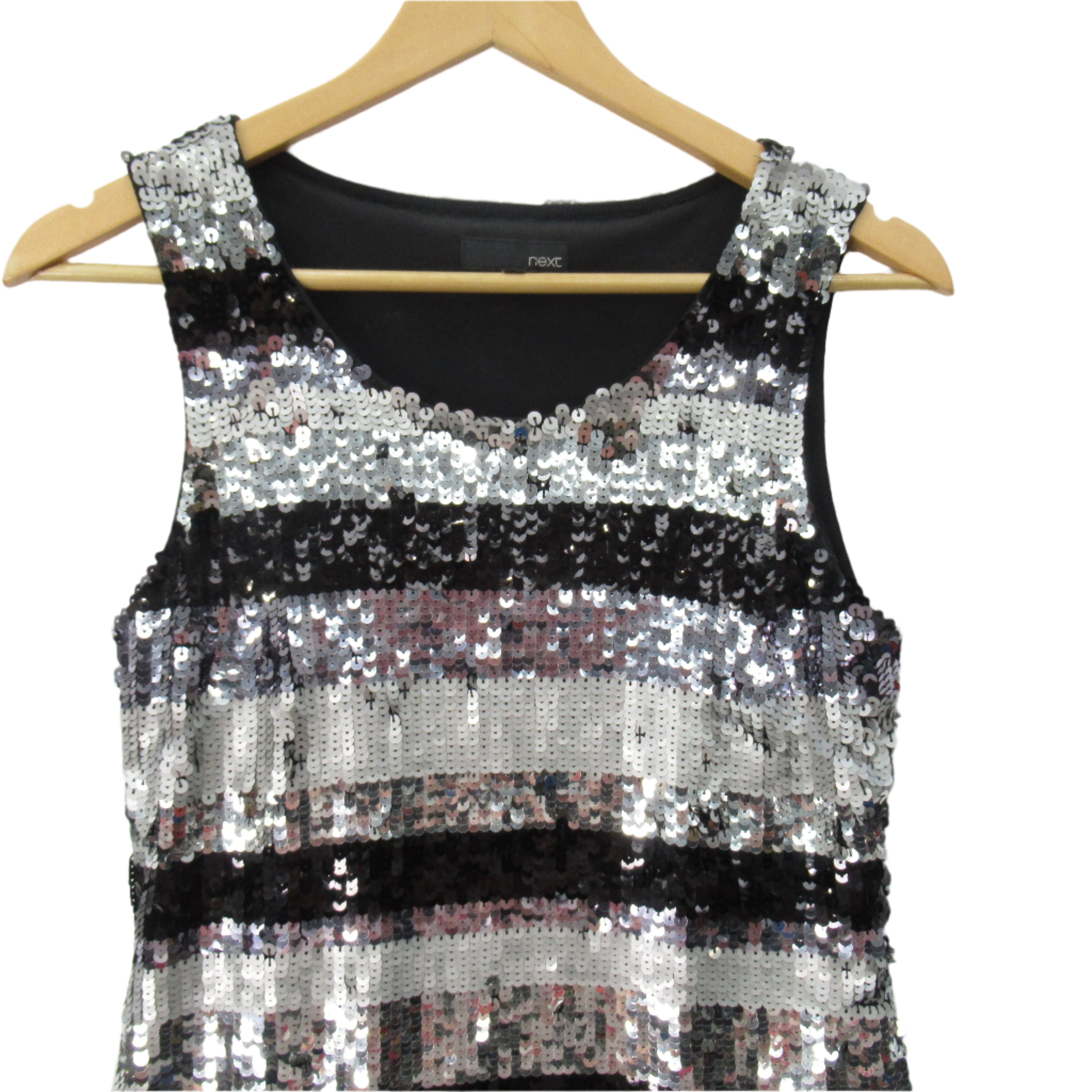front image for Next Sequin Dress UK 8 Black Silver Striped Womenswear | Pre-loved
