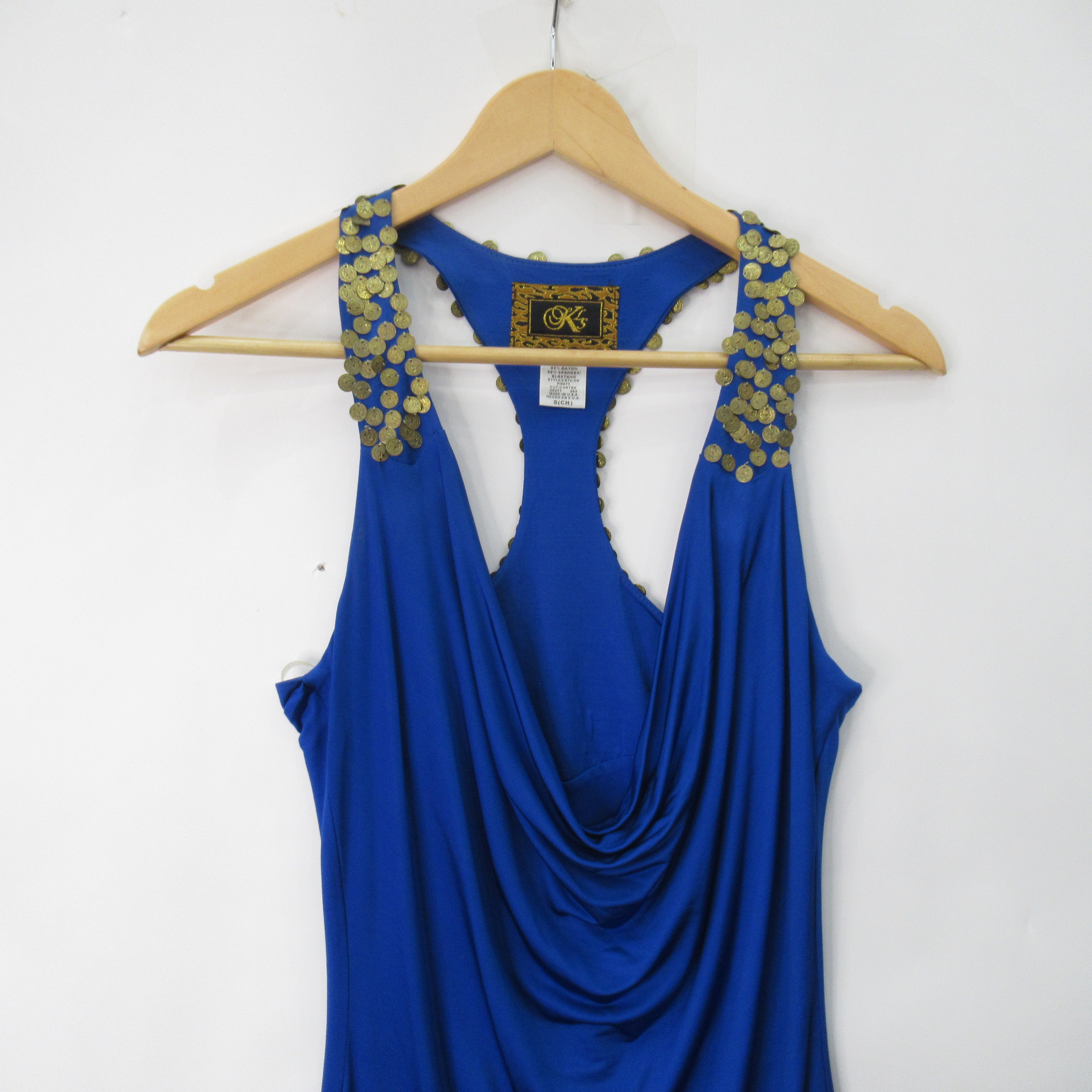 neckline image for KLS Mini Dress Small Blue Gold Coin Womenswear | Pre-loved