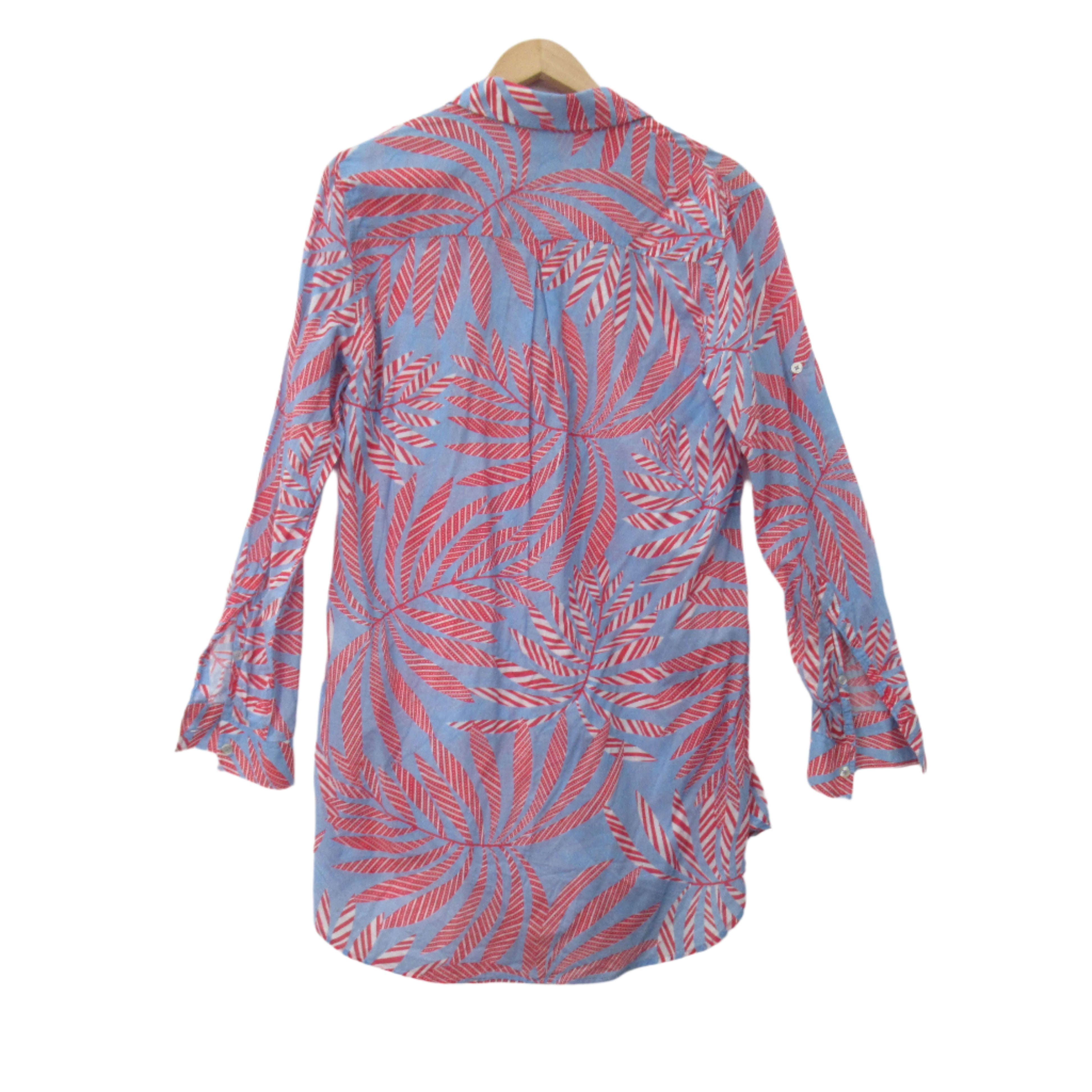 back image for 0039 Italy Blouse Shirt Blue Red Tropic Botanical Pattern Medium | Pre-loved