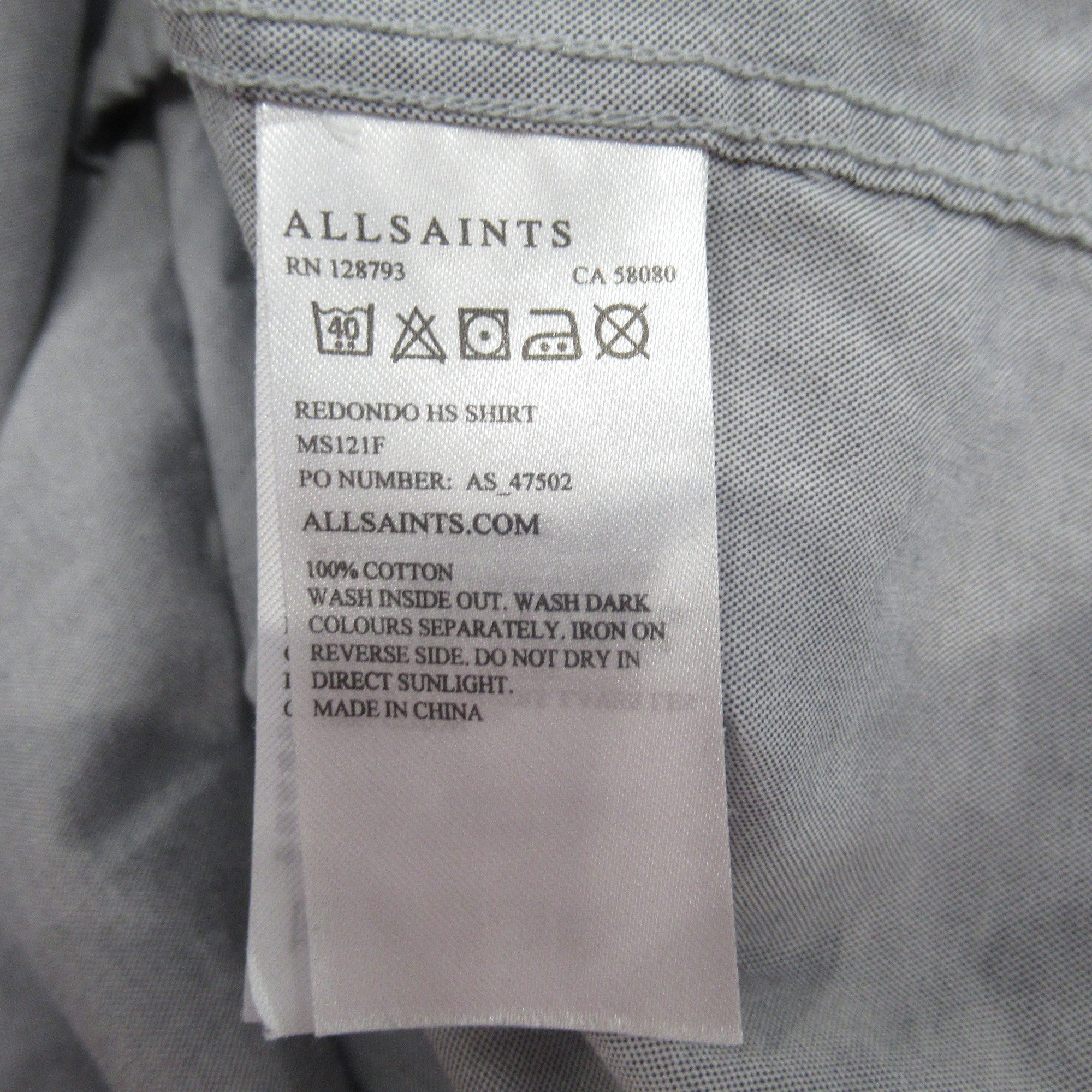 care label image for All Saints Small Grey Shirt Cotton Menswear | Preloved