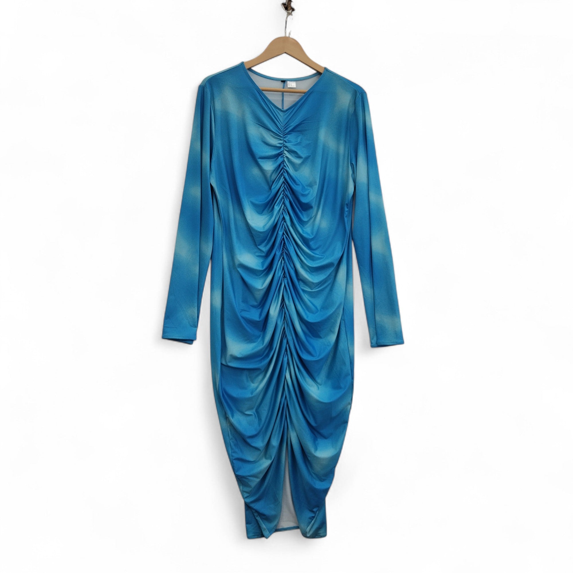 front image for Ruched Dress XL Blue V Neck Midi Womenswear | Pre-loved