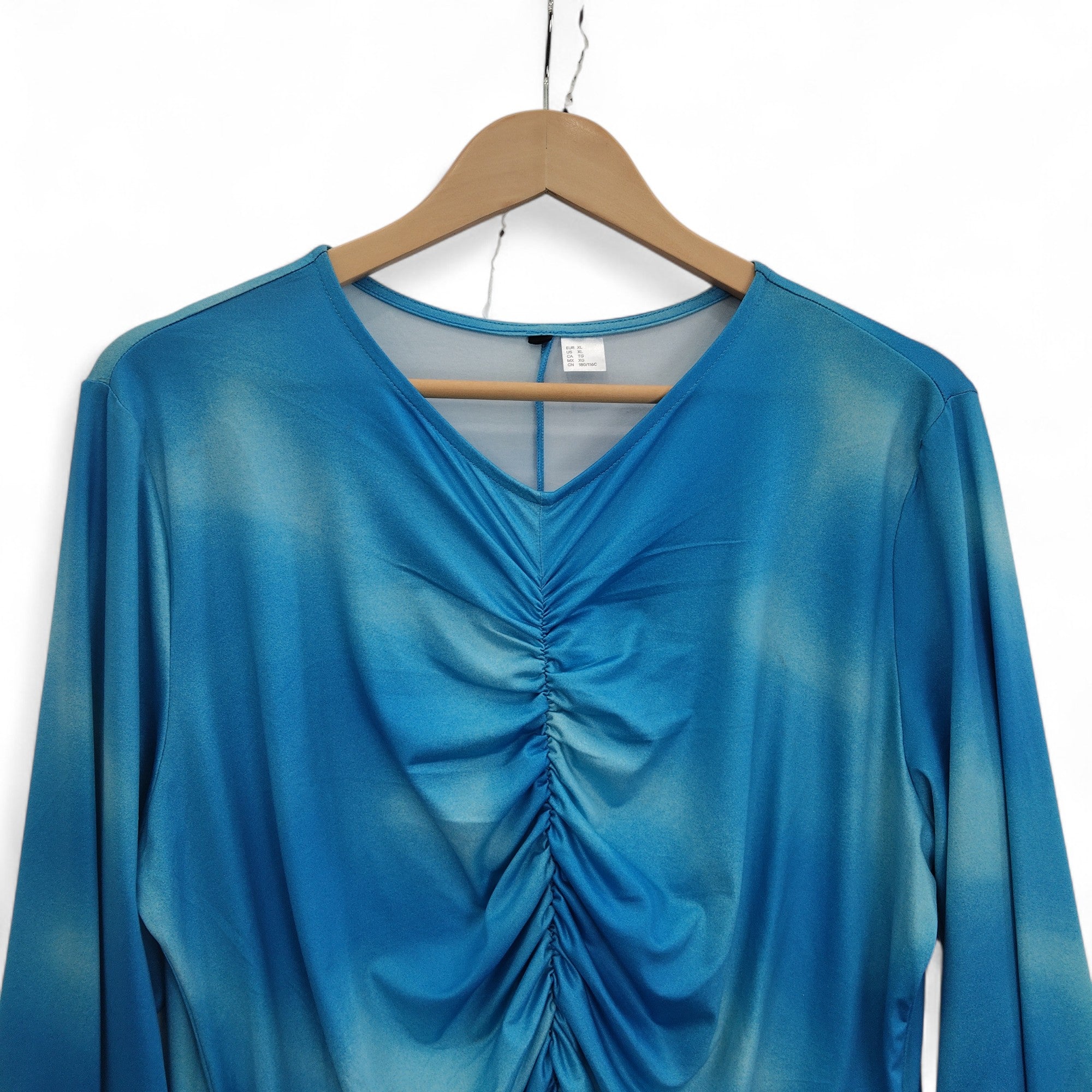 top image for Ruched Dress XL Blue V Neck Midi Womenswear | Pre-loved