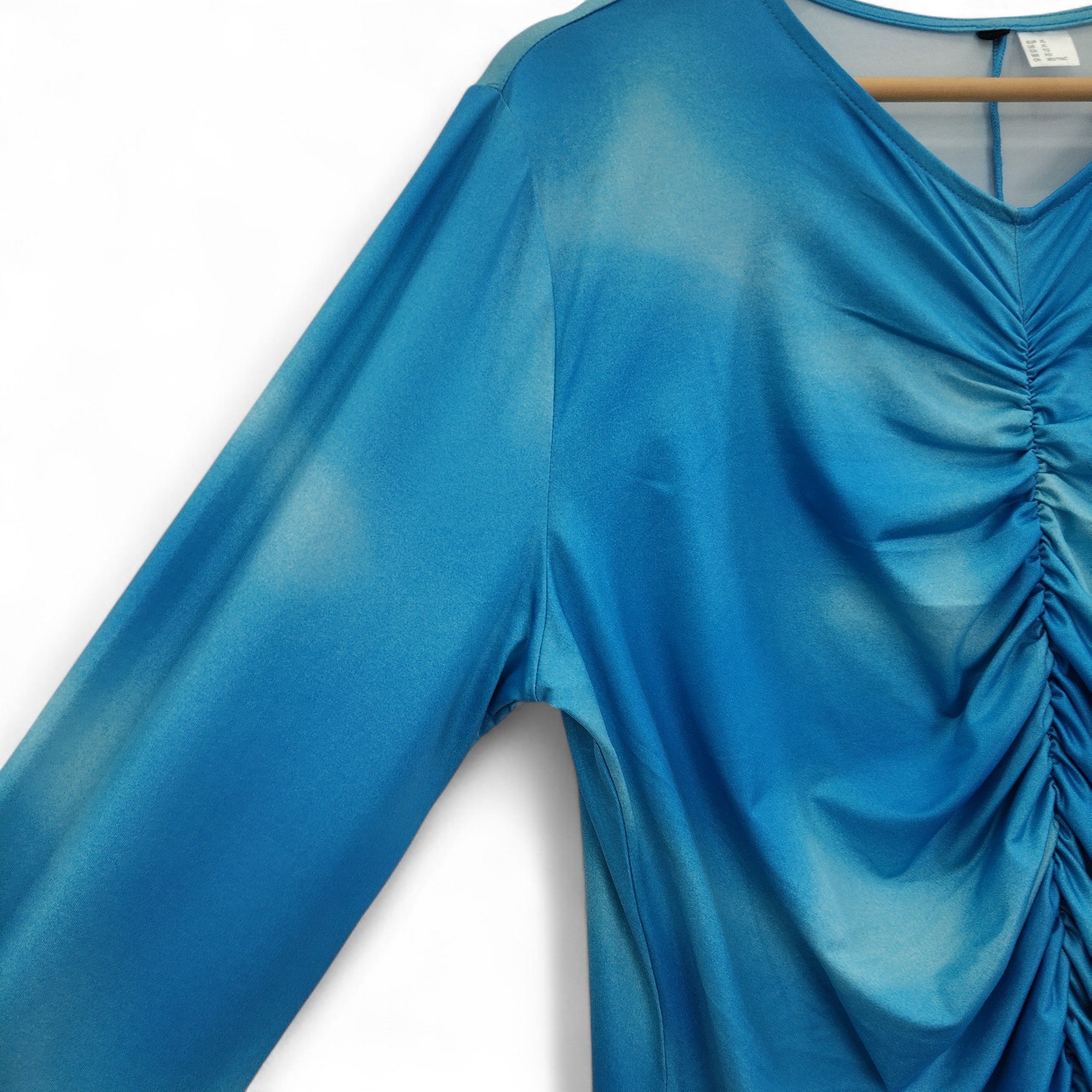 sleeve image for Ruched Dress XL Blue V Neck Midi Womenswear | Pre-loved