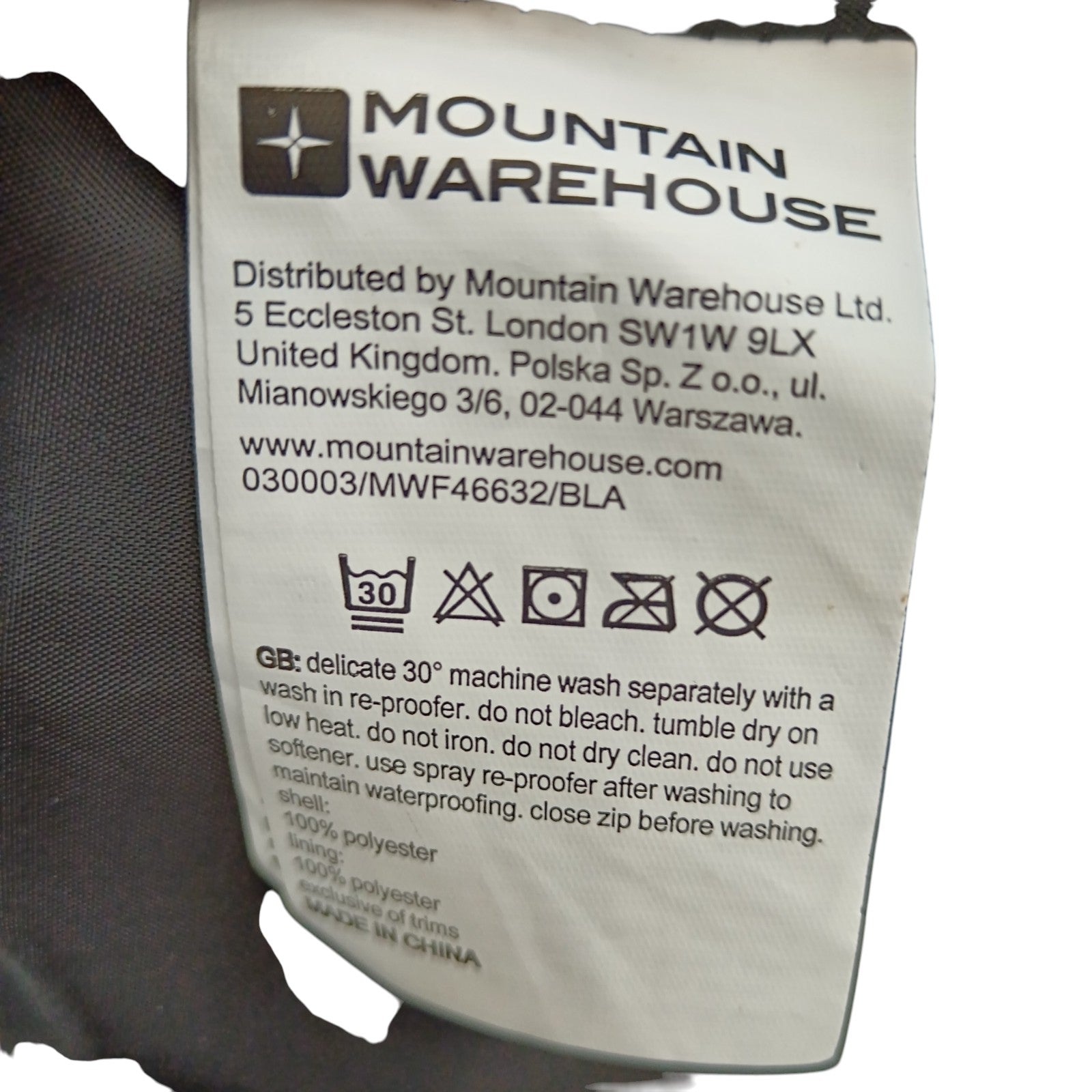 Wash label image for Mountain Warehouse Black Jacket  UK 22  Womenswear | Pre-loved