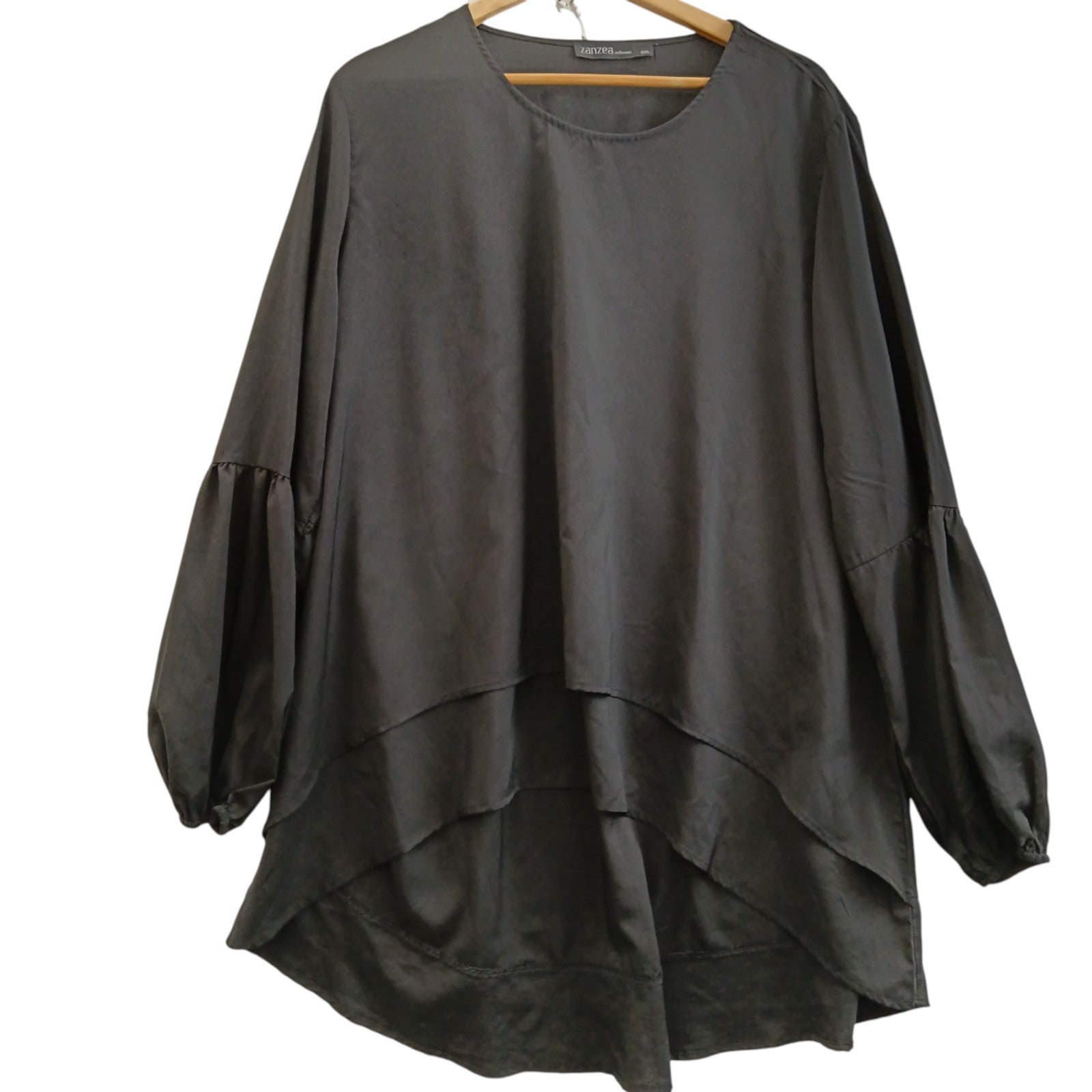 Front image for Zanzea Collection Black Satin Fluted Blouse Hi-Low Ladies Top UK 5 XL Womenswear | Pre-loved