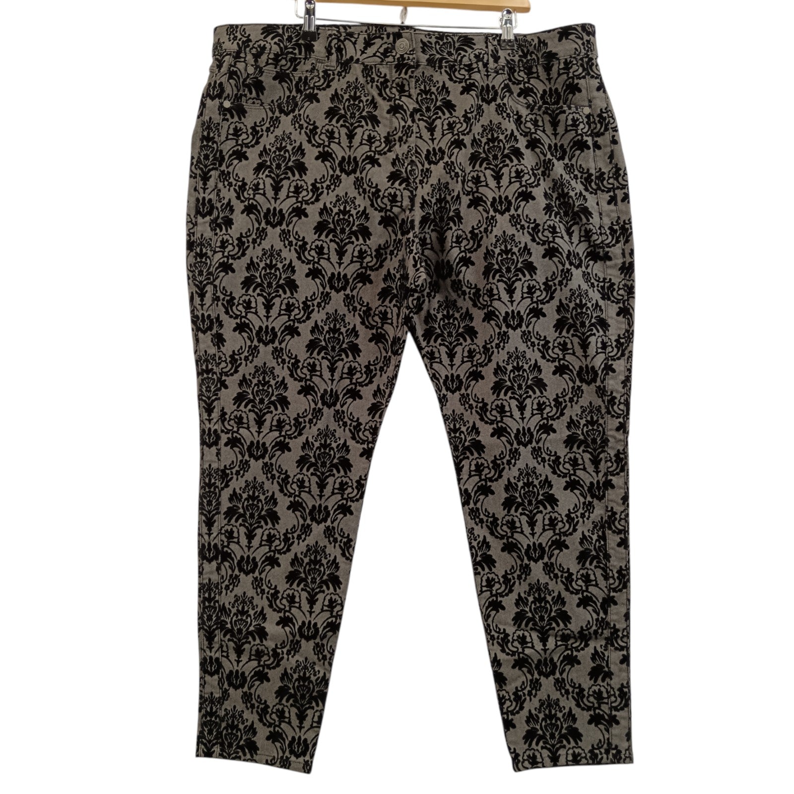 Front image for Twiggy Collection Grey Black Velvet Damask  Print Trousers With Pockets UK 24 Womenswear | Pre-loved