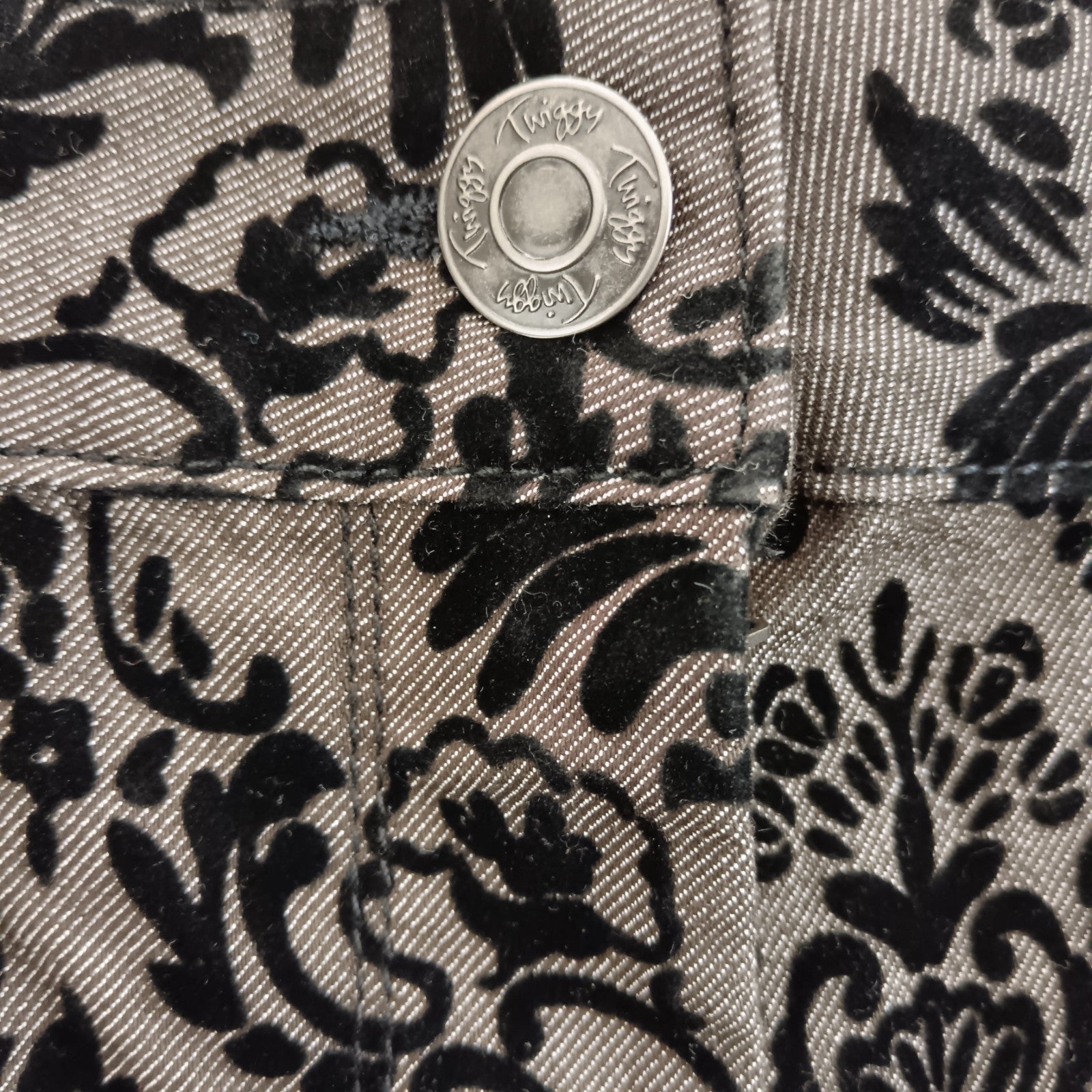 Close up image for Twiggy Collection Grey Black Velvet  Damask Print Trousers With Pockets UK 24 Womenswear | Pre-loved