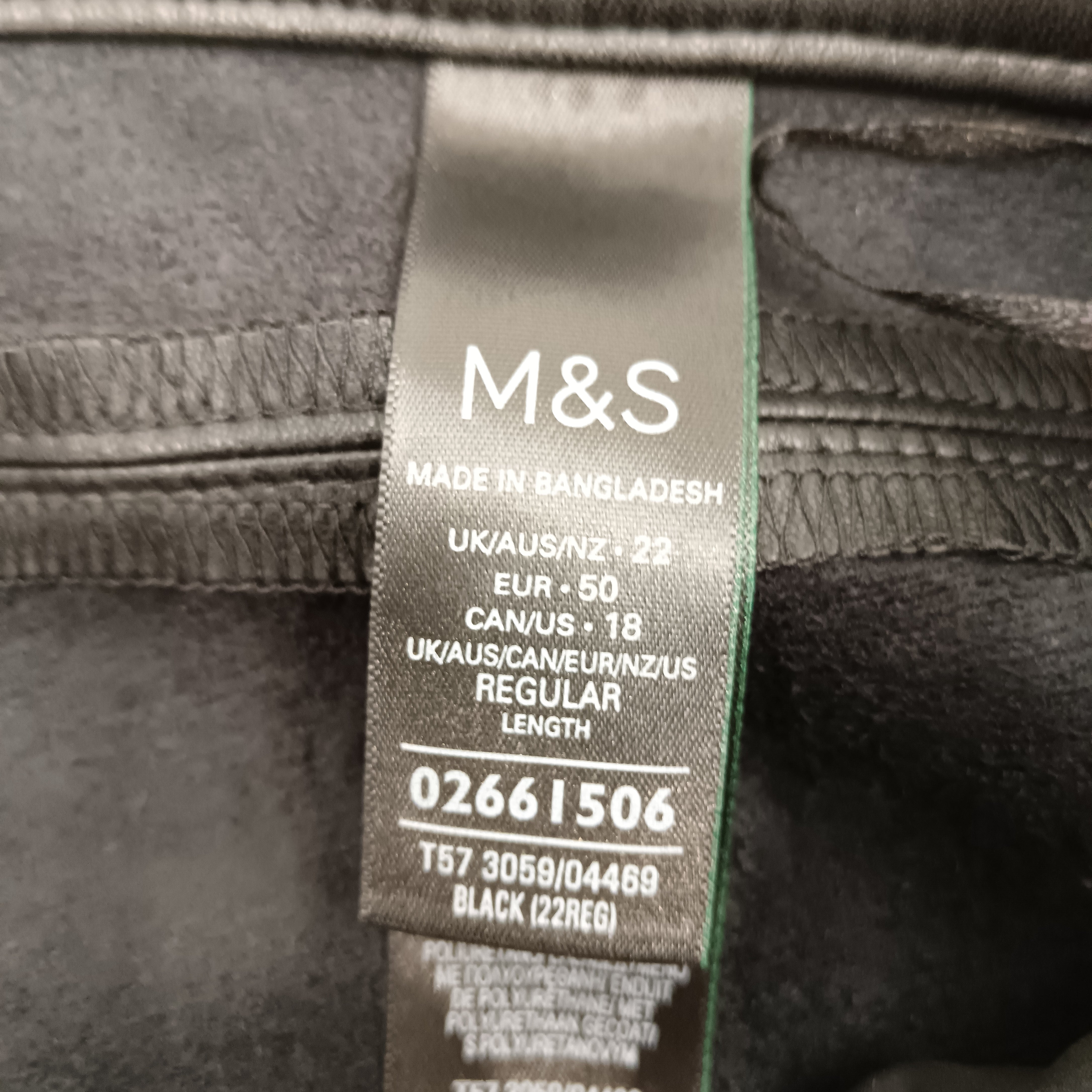 Wash label image for M&S Black Coated Trousers UK 22 -Tags On- Womenswear | Pre-loved