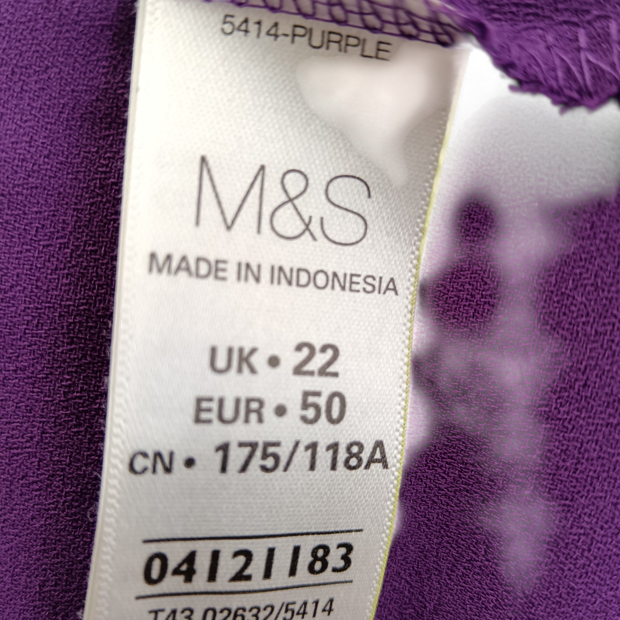 Wash label image  for M&S Purple sleeved top Women's UK 22