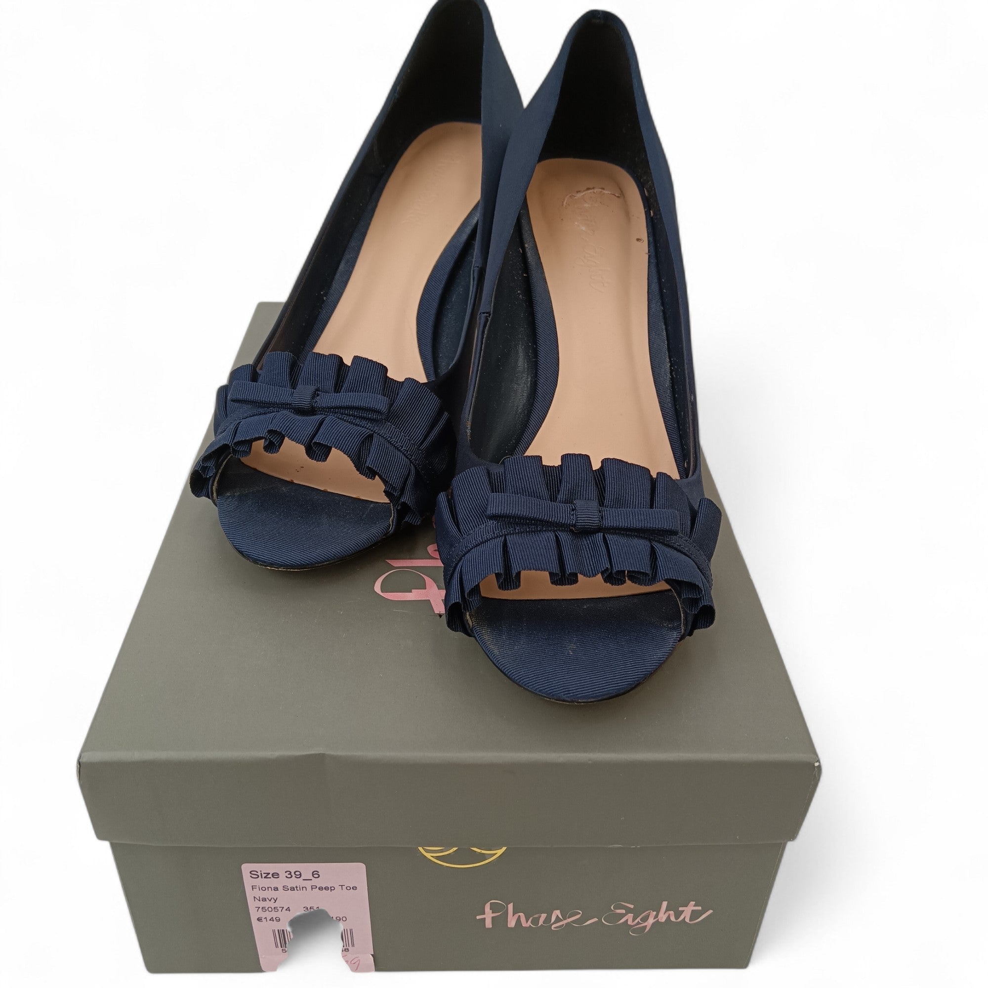 Front image for Phase Eight Fiona Satin Peep Toe Navy Heels UK 6 Womenswear | Pre-loved