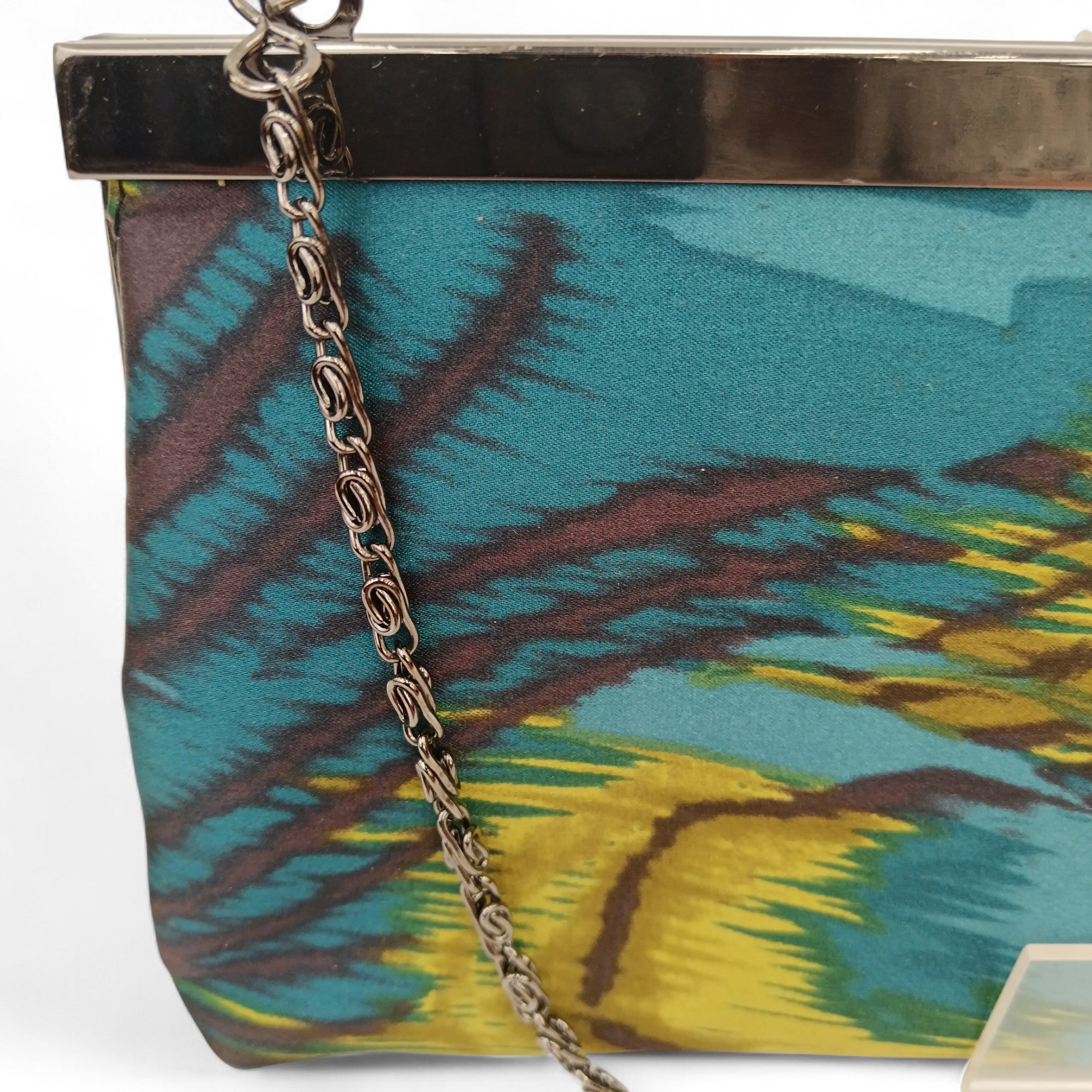 Close up image for Monsoon Blue Abstract Print Clutch Bag Chain Strap-  Womenswear | Pre-loved