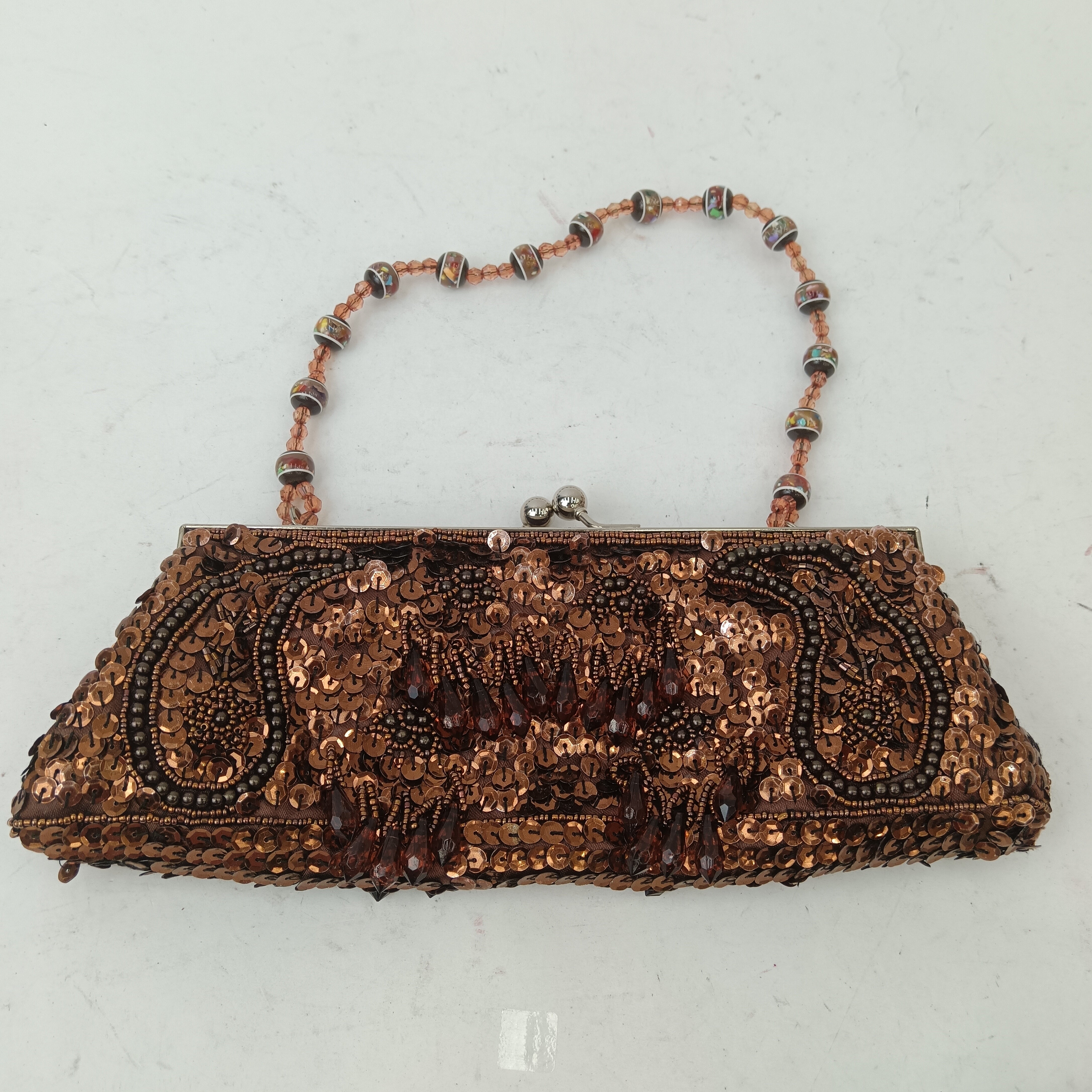 Front image for Small Brown Beaded Sequined Ladies Clutch Bag With Beaded Strap Bag- Womenswear | Pre-loved