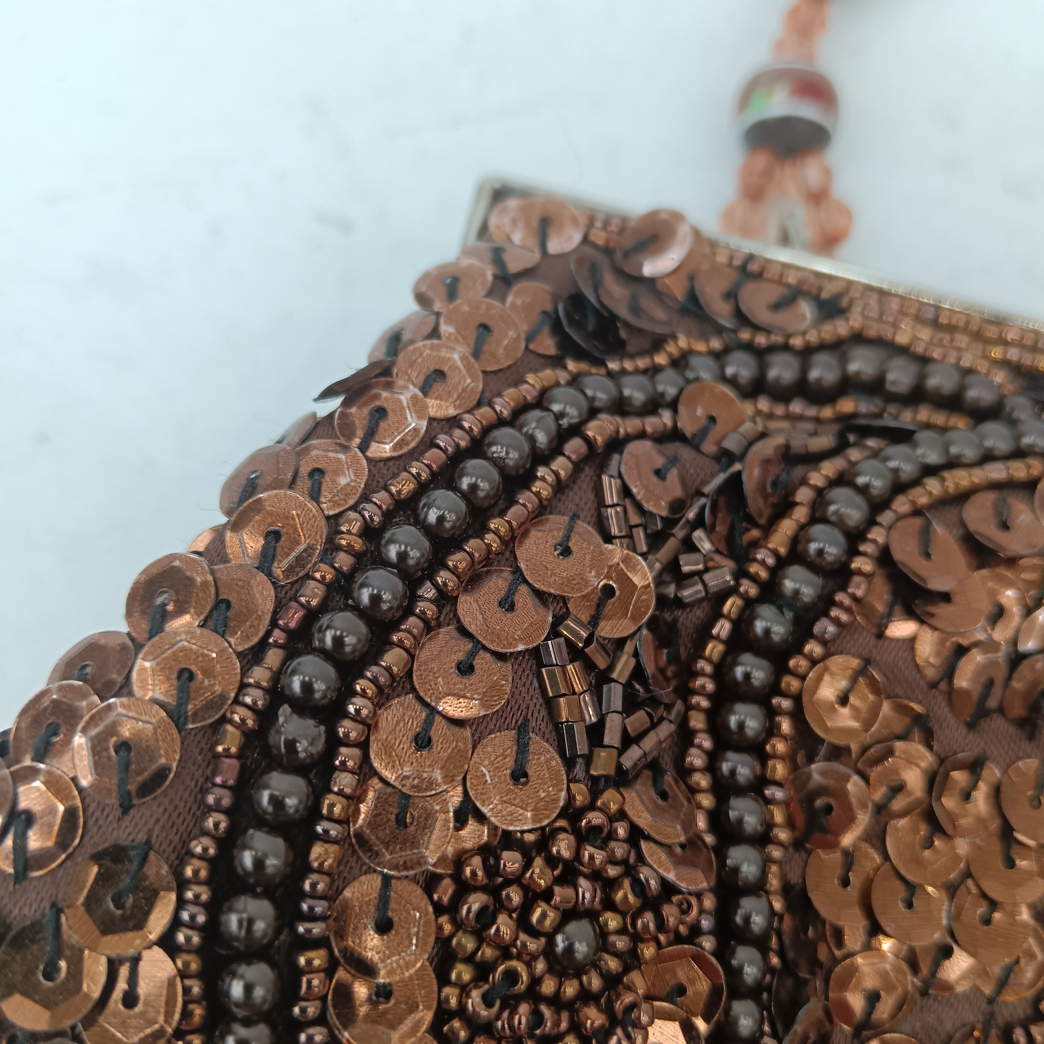 Close up imager for Small Brown Beaded Sequined Ladies Clutch Bag With Beaded Strap Bag- Womenswear | Pre-loved