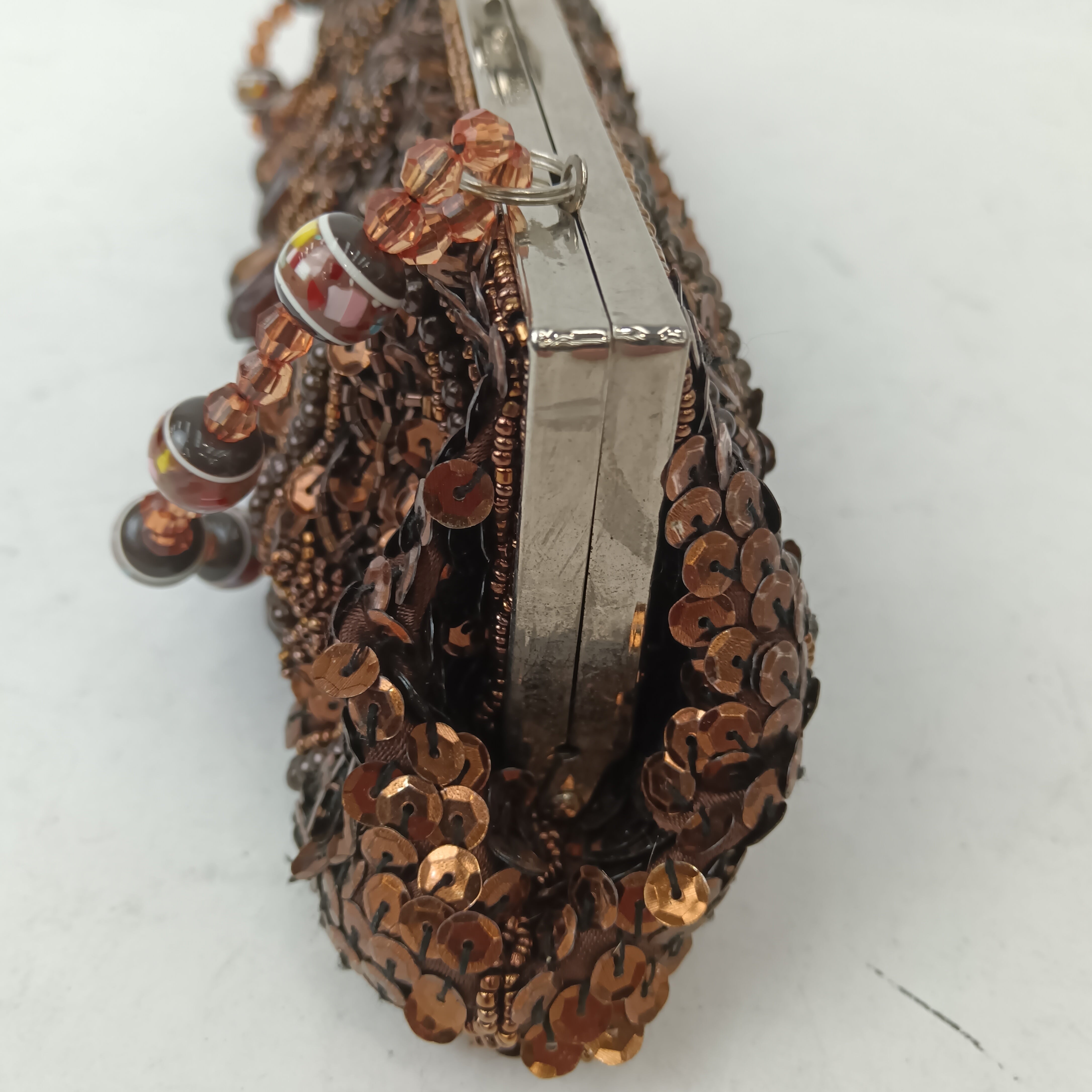 Side close up image for Small Brown Beaded Sequined Ladies Clutch Bag With Beaded Strap Bag- Womenswear | Pre-loved